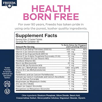 FREEDA Mini Prenatal Vitamin - Kosher Prenatals -Tiny Easy to Swallow Tablets - Prenatal Vitamins with Iron, Prenatal Folic Acid/Folate, Vitamin D - Pre Natal Multivitamin for Pregnant Women (120)