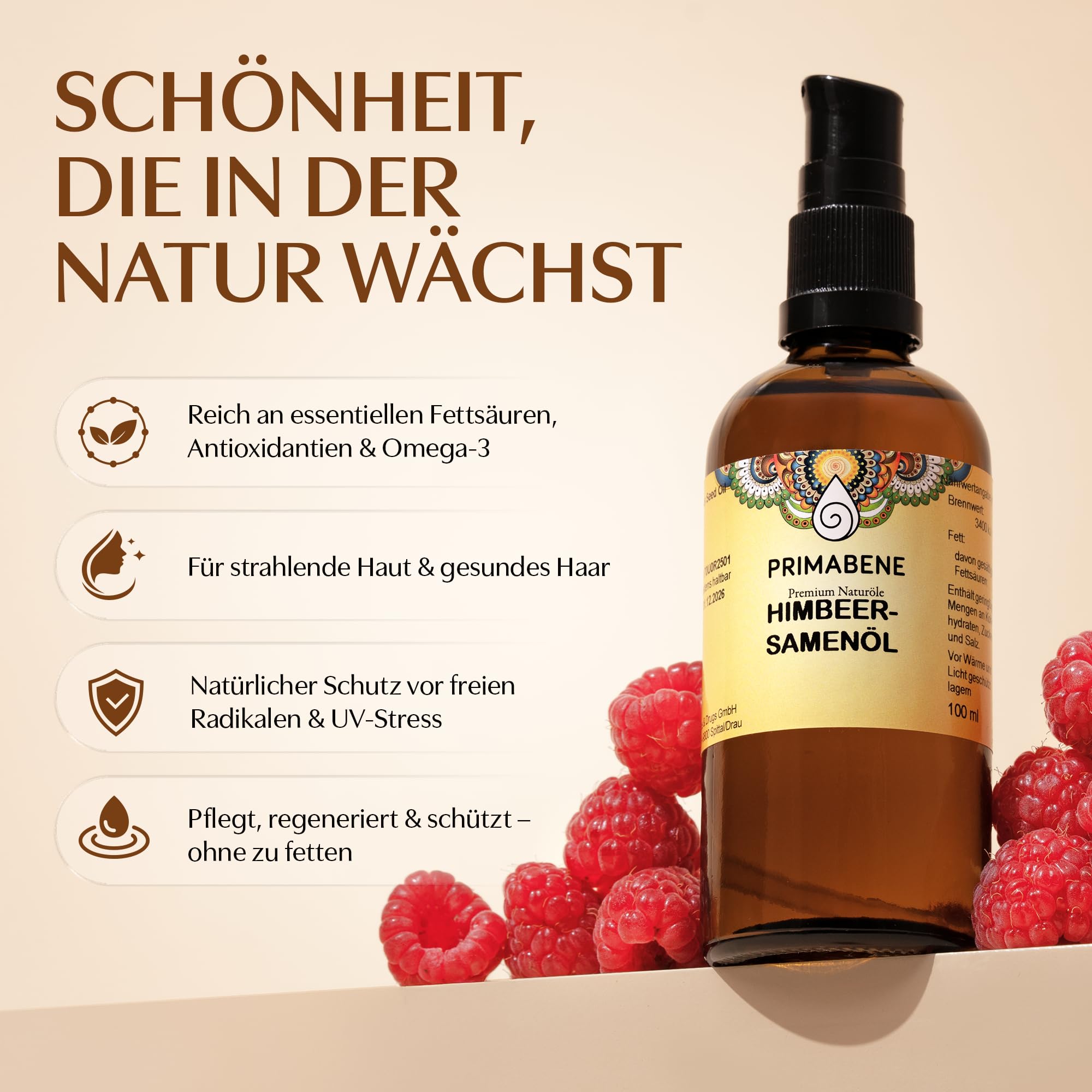 100% Himbeersamenöl - 100ml - rein & kaltgepresstes Himbeersamen Öl für Hautpflege, Haarpflege & Sonnenschutz - Himbeeröl reich an essentiellen Fettsäuren, Antioxidantien & Omega-3