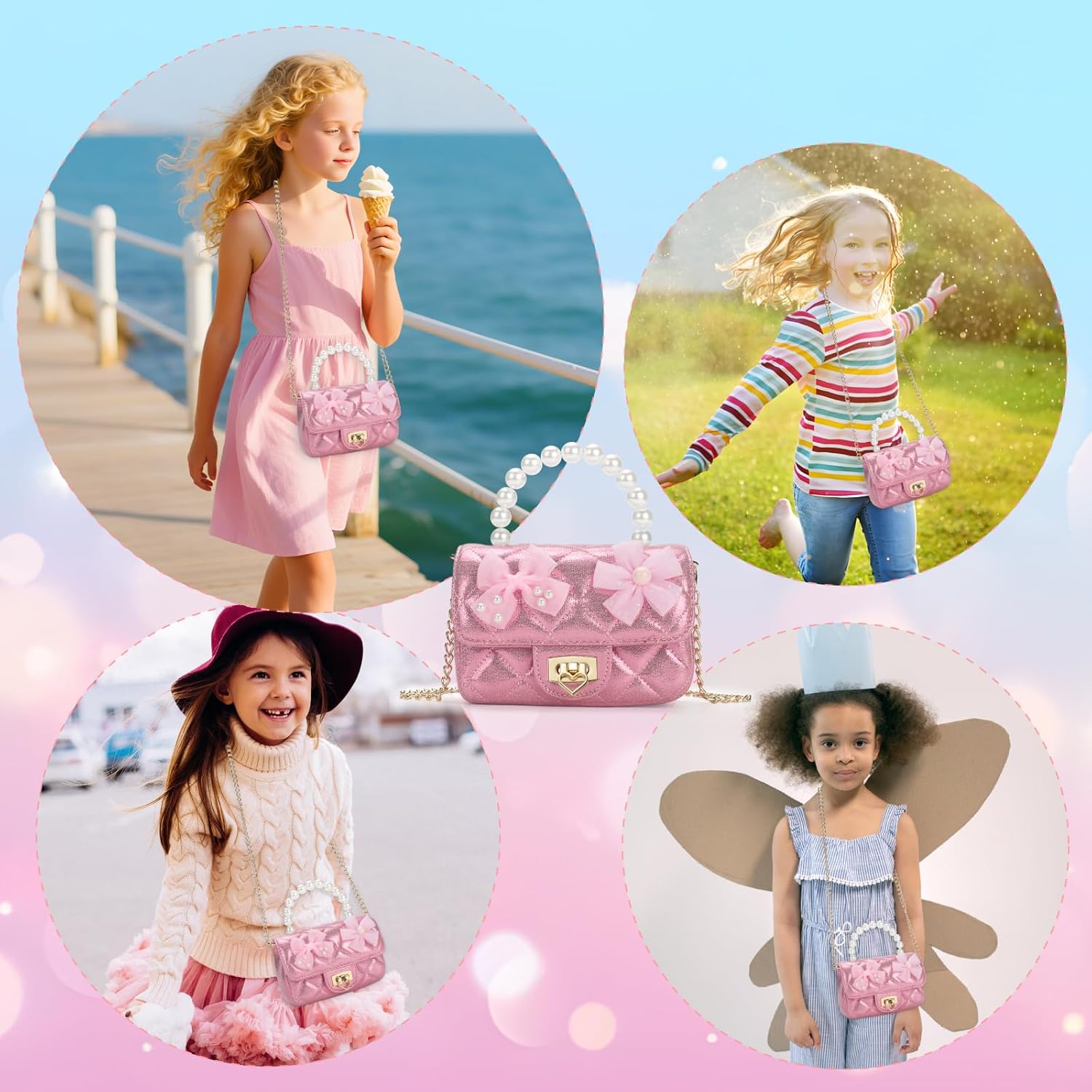 Kids Purse for Toddler, Pink Purse with Pearl Handle, Girls Crossbody Bag, Kids Handbag with Chain Strap, Birthday Gifts for Girls - Image 6