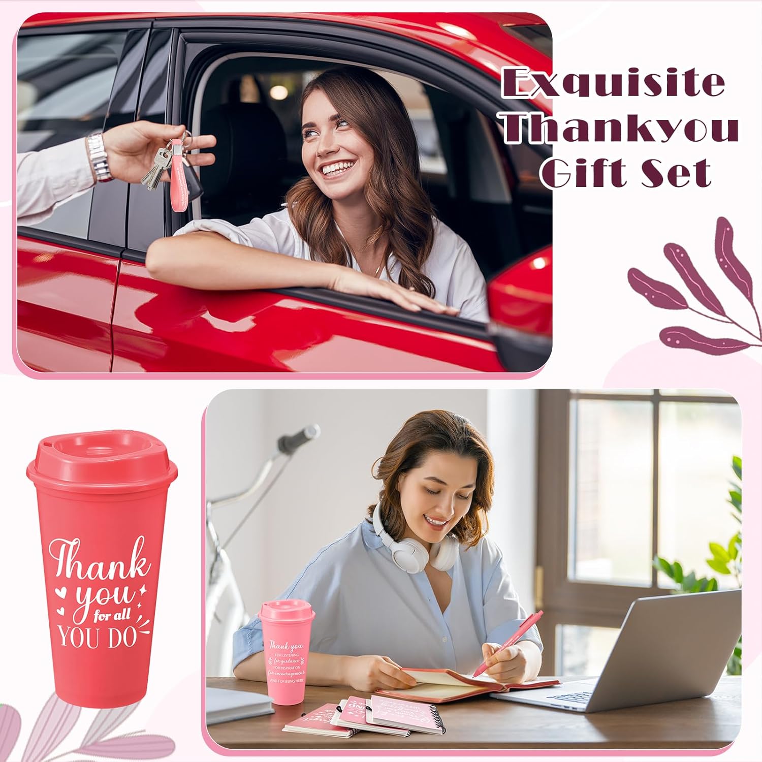 Skylety 12 Set/ 48 Pcs Employee Appreciation Gifts Bulk Thank You Valentines Gifts Set 16 oz Coffee Cups with Notebook Pen Keychain Galentines Party Favors for Staff Team Coworker (Pink Gradient) - Image 7