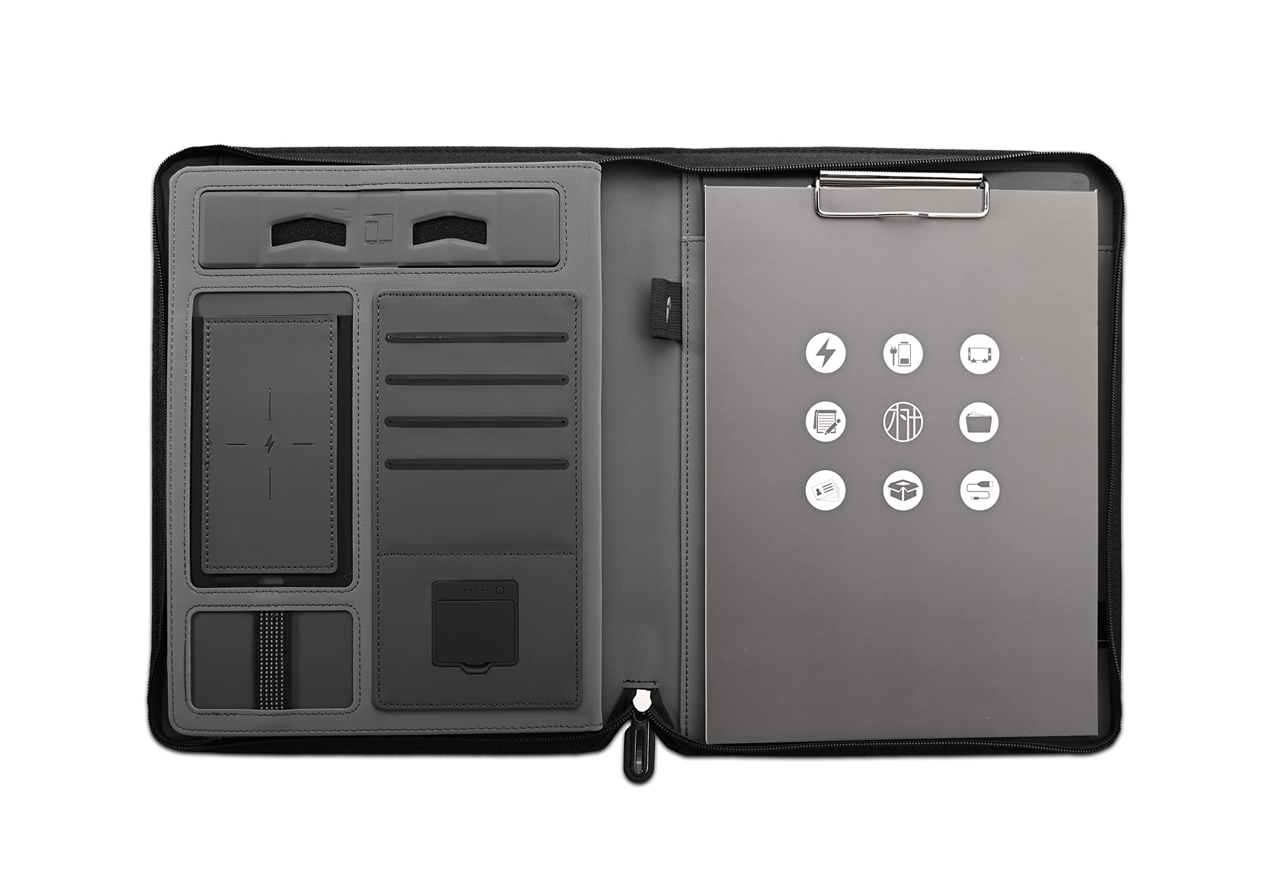 Cartella per conferenze A4 in pelle con cerniera, porta documenti con Powerbank da 8000 mAh e ricarica wireless, organizer per riunioni, viaggi (nero)