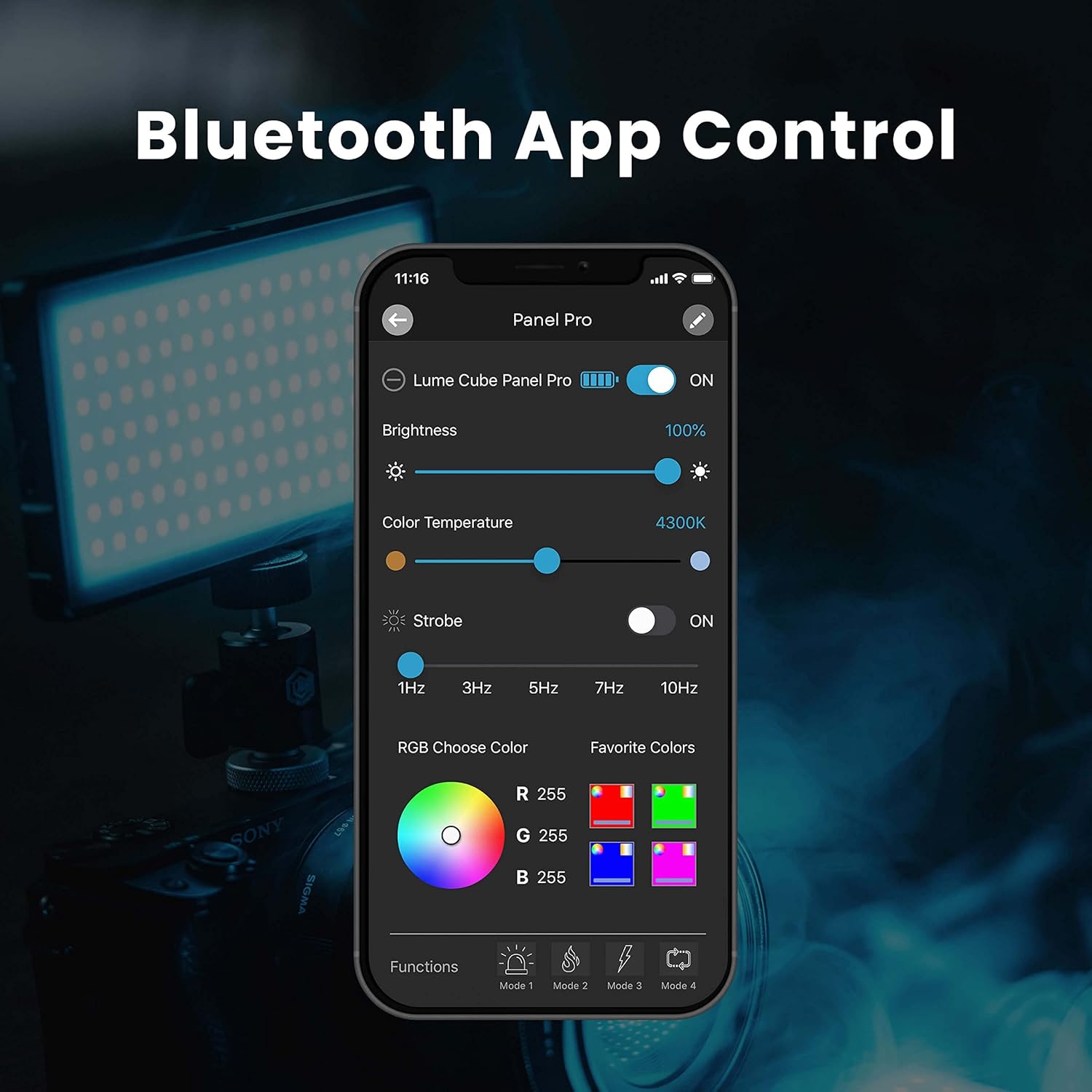 A smartphone screen displaying the Lume Cube app interface, showing controls for brightness, color temperature, strobe, and RGB color selection.