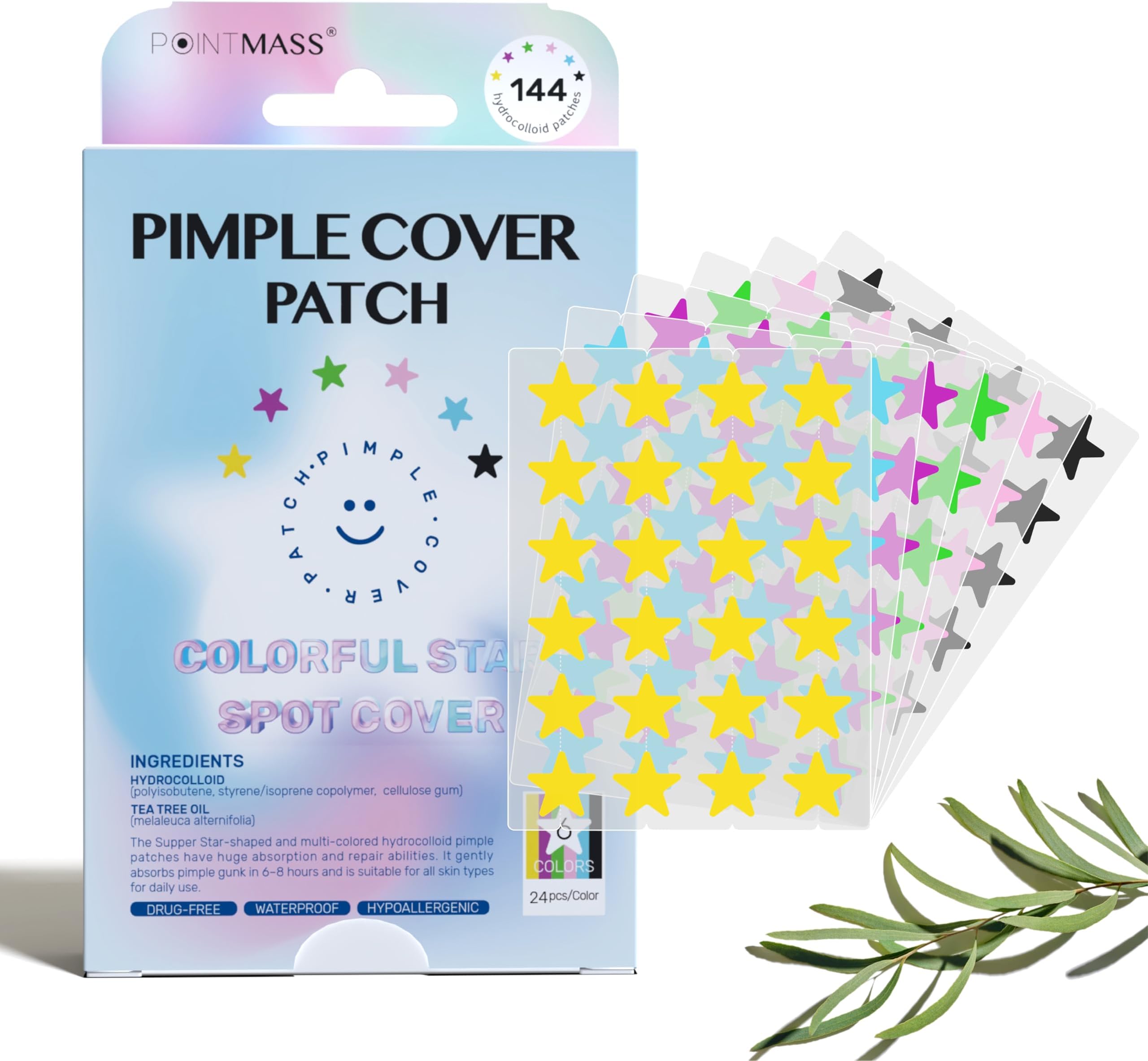 Star Pimple Patches, 144 Hydrocolloid Acne Patches with Tea Tree Oil, Colorful Zit Stickers For Face and Body, Fast Absorb Fluid and Reduce Inflammation, 6 Colors,12mm