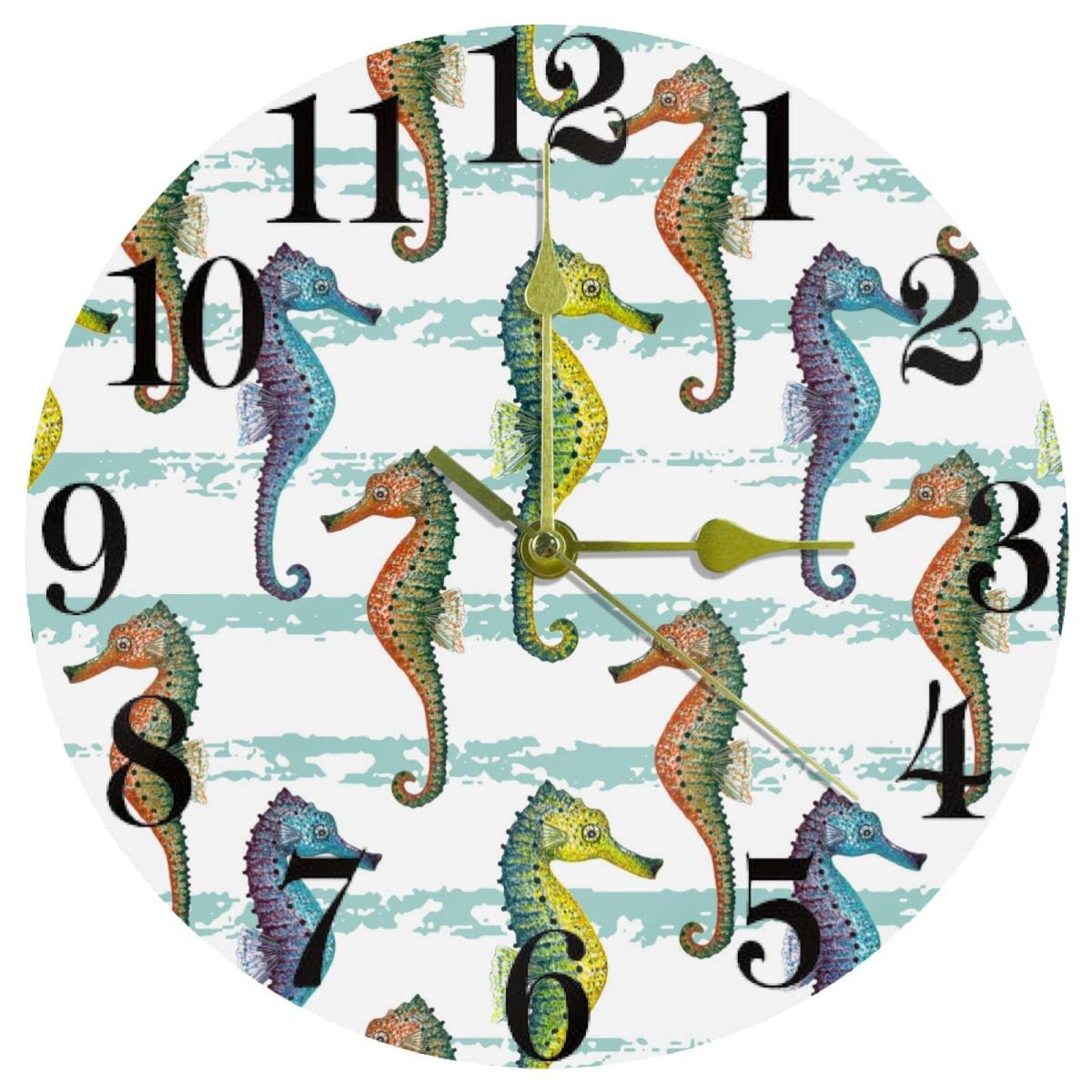 Horloge murale sans tic-tac éliminant le bruit avec aquarelle hippocampes ronde