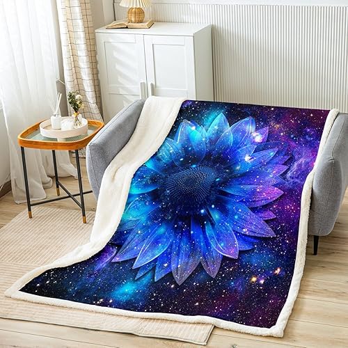 Manfei Manta de girasol, azul y morado, con cielo estrellado para decoración de habitación de niños y niñas, manta floral de galaxia para sofá,