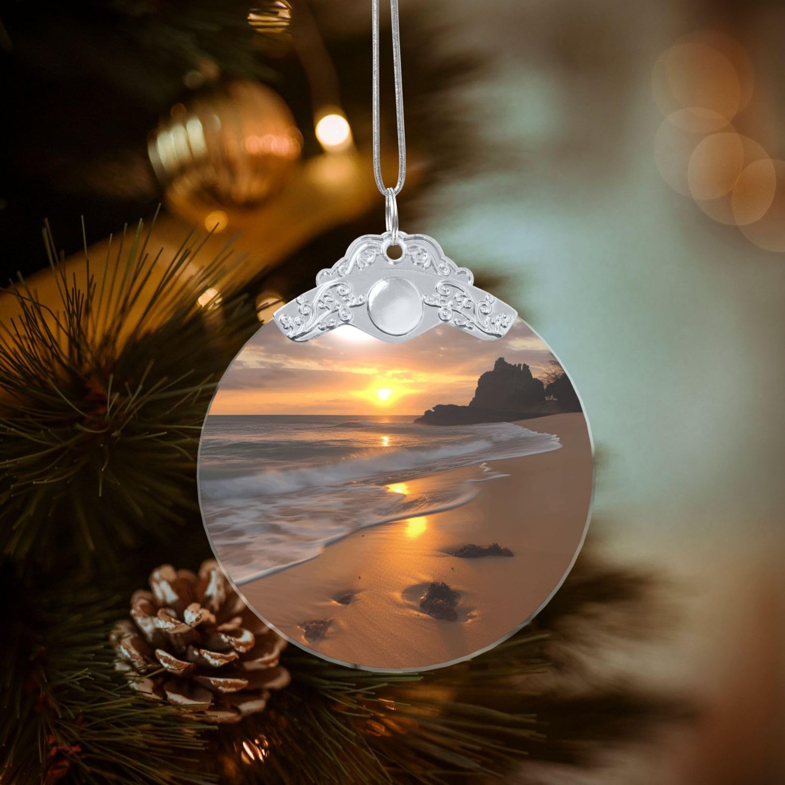 Crystal Christmas Ornaments for Christmas Tree Decoration Hanging Sunrise Beach Ornament with Gold Ribbon Crafts Round Pendant for Keepsake Gifts Glass Xmas Decor Party Supplies