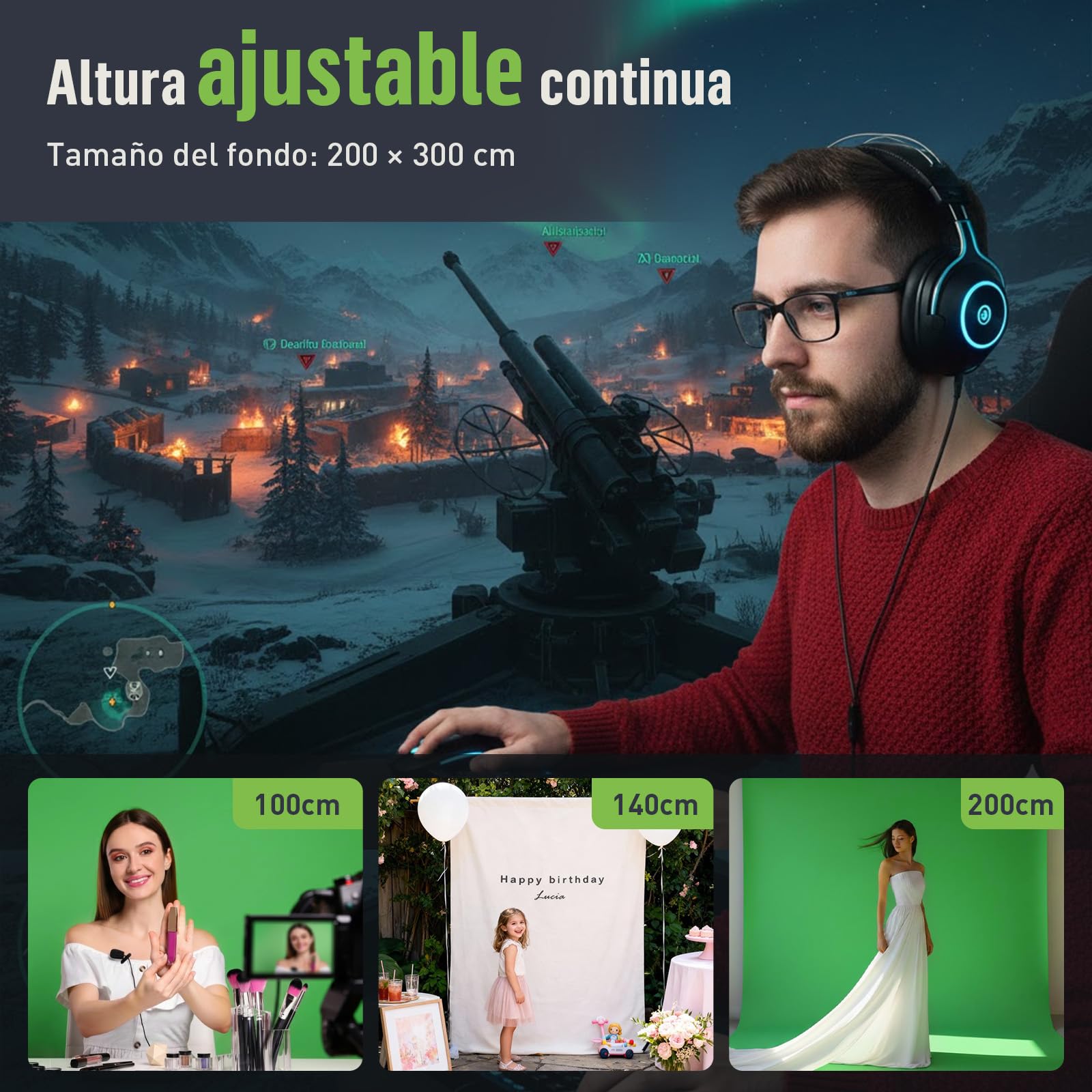 Pantalla Verde con Soporte – Tela de Fondo Fotográfico 2 x 3 m con Soporte para Fotografía, Estudio, Streaming, Chroma Key, Pared de Fondo, Kit de Fotografía Backdrop