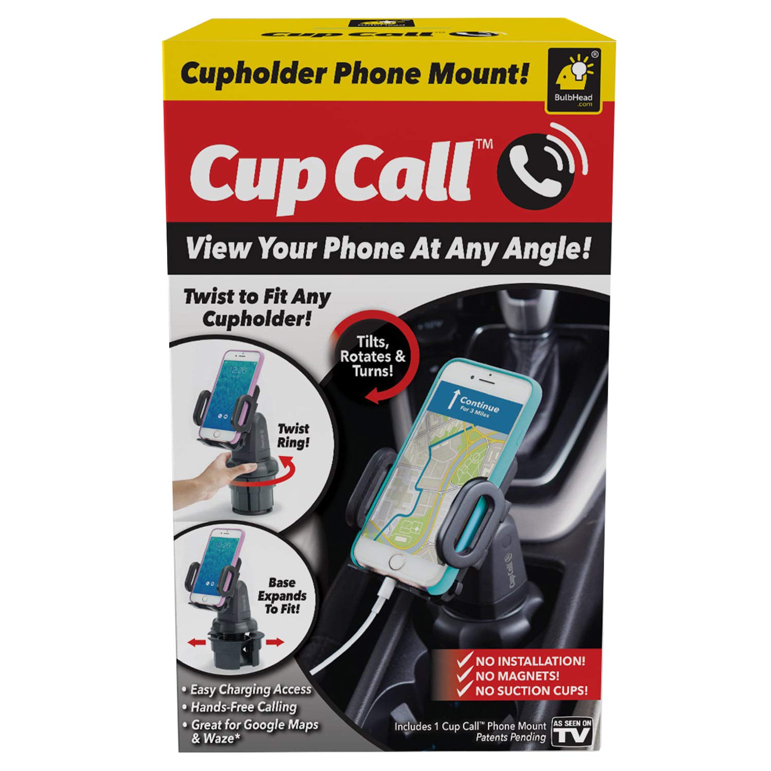 BulbHead Official As Seen On TV Cup Call Cup Holder Phone Mount for Car Adjustable Cell Phone Holder Fits Any Phone in Any Cup Holder - Rotates 360°, Tilts & Moves Left or Right