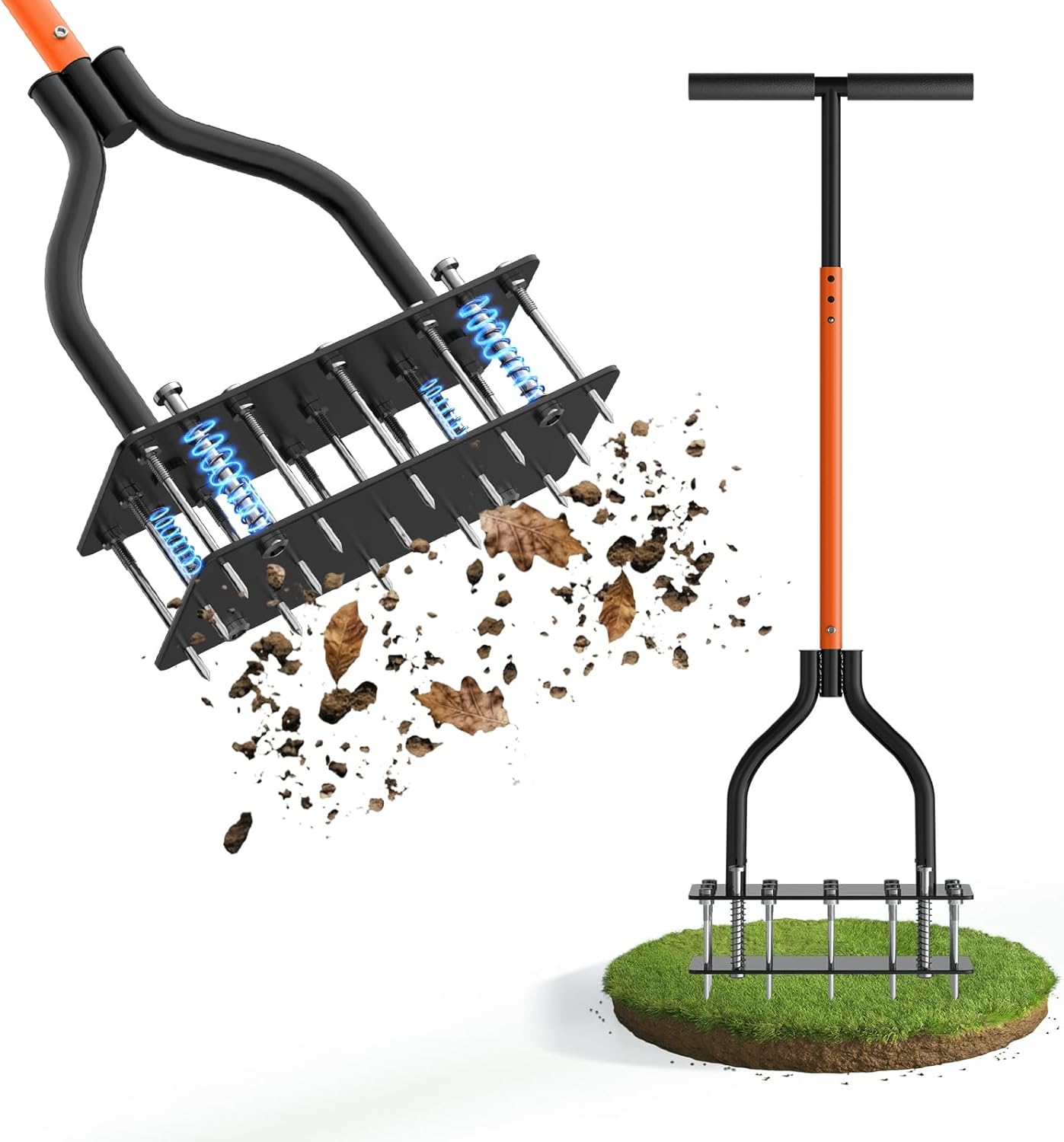 Lawn Aerator Tool with Dual-Layer Self-Cleaning Spikes, 15 Spike Heavy Duty Manual Lawn Aerator for Compact Soil, Anti-Clog Grass Aerator for Yard, Garden & Lawn Care
