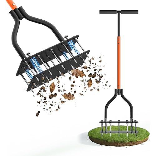 Lawn Aerator Tool with Dual-Layer Self-Cleaning Spikes, 15 Spike Heavy Duty Manual Lawn Aerator for Compact Soil, Anti-Clog Grass Aerator for Yard, Garden & Lawn Care