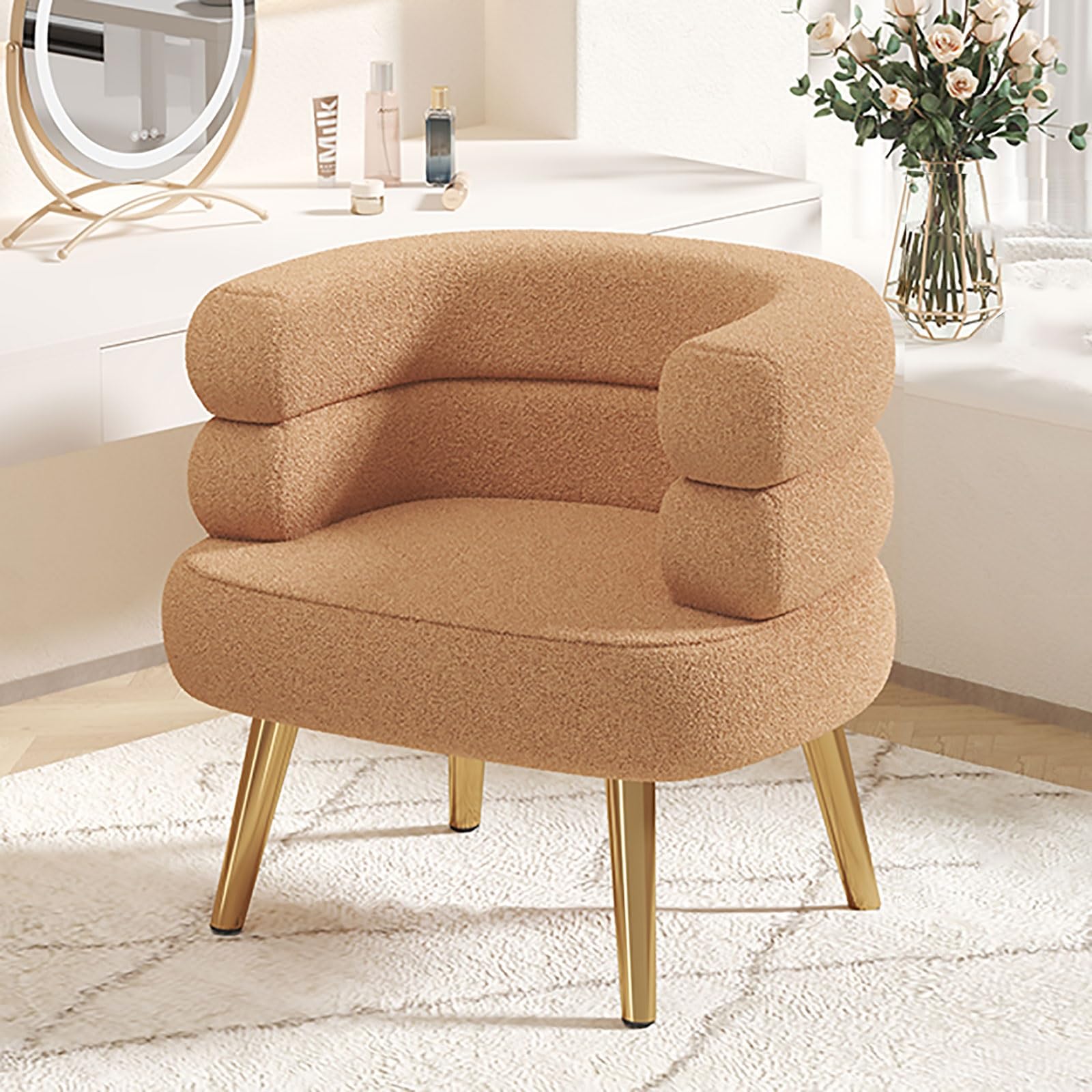 Modern Makeup Chair, Upholstered Dinning Chair with Metal Legs Mid-Century Chair Lambswools Office Chair Desk Chair, For Living Dining Room Bedroom (Color : Brown, Size : Gold legs