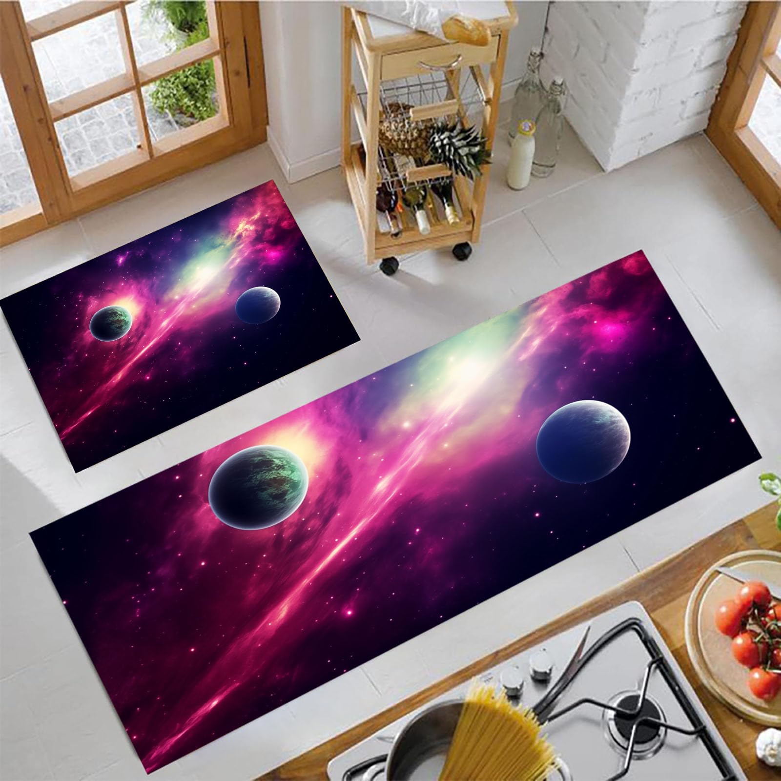 Alfombra de cocina antideslizante JEDTAKCT de 2 piezas paisaje cósmico magenta