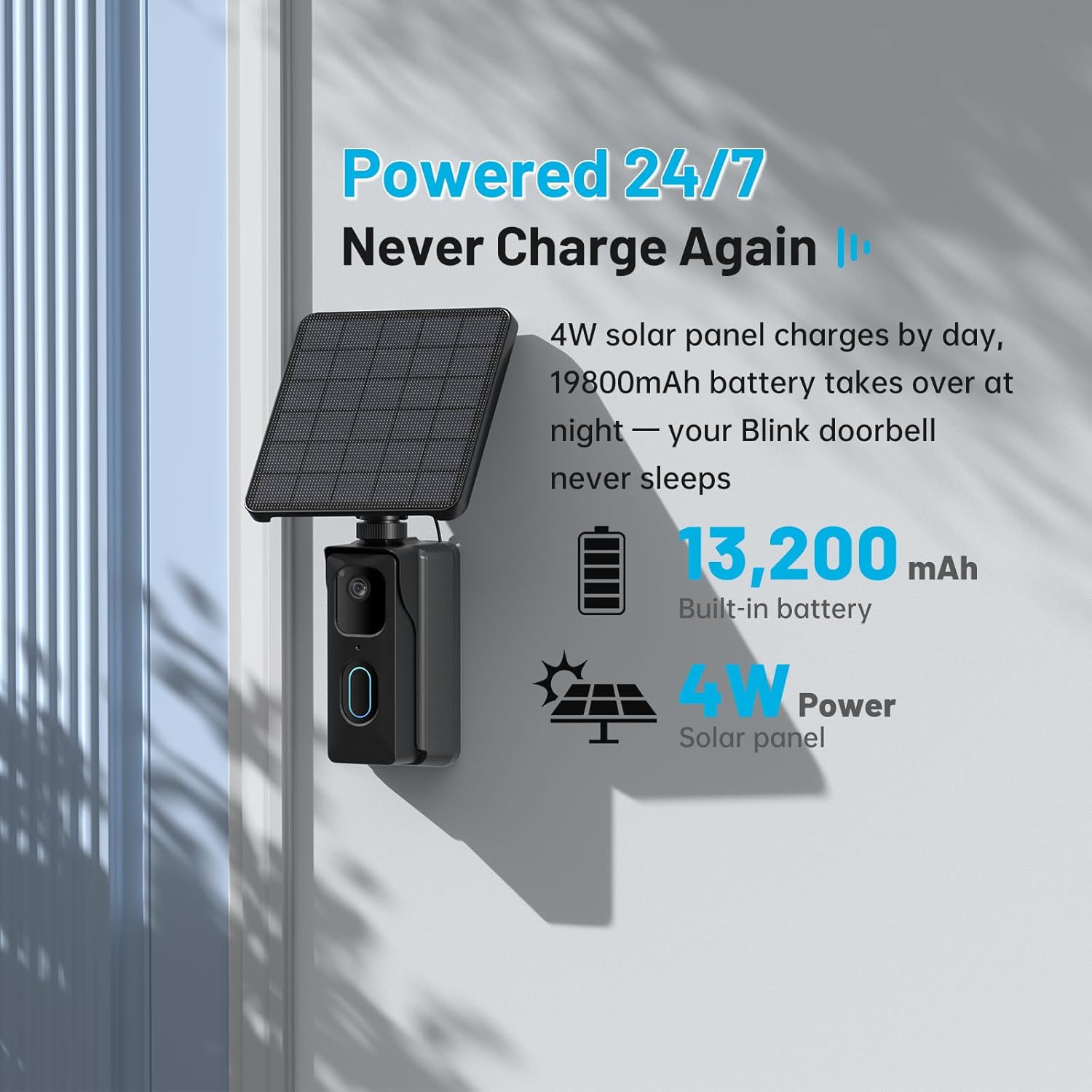 iTODOS 13200mAh Solar Charging Base Station for Blink Doorbell 2nd Gen, 4W High-Efficiency Solar Panel, IP67 Waterproof External Power Supply, Continuous Operation
