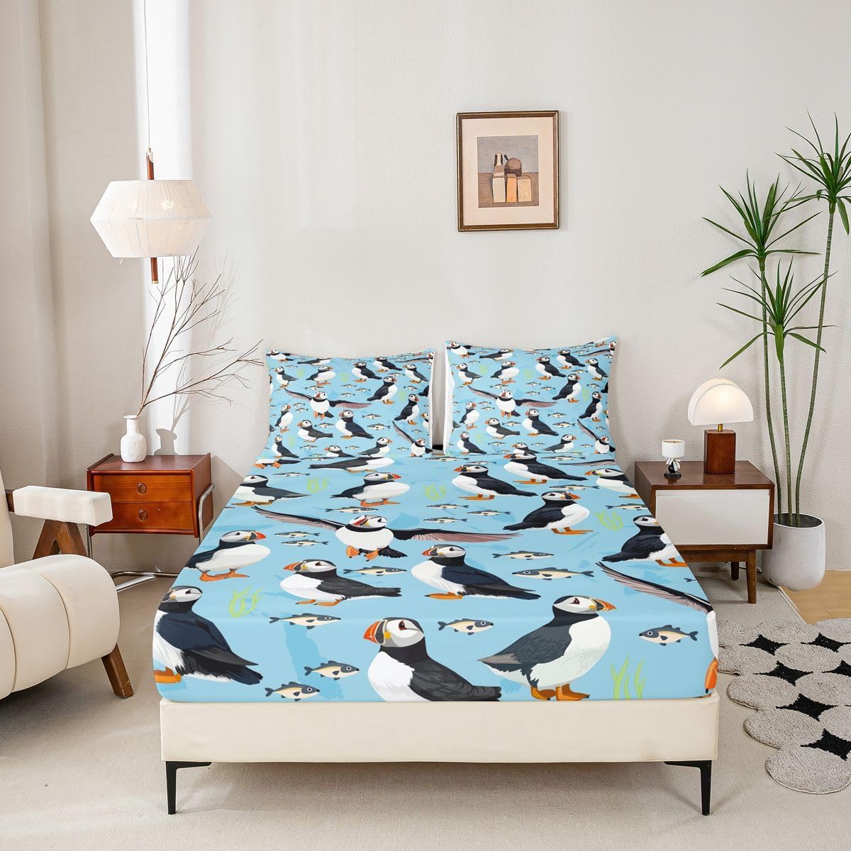 jejeloiu Kids Puffin Bird Drawing Fitted Sheet Queen Size Puffin Bed Sheet Set for Boys Girls Teens Bedroom Decor Polar Animal Bedding Set Women Men Cute Animal Blue Bed Cover with 2 Pillow Case