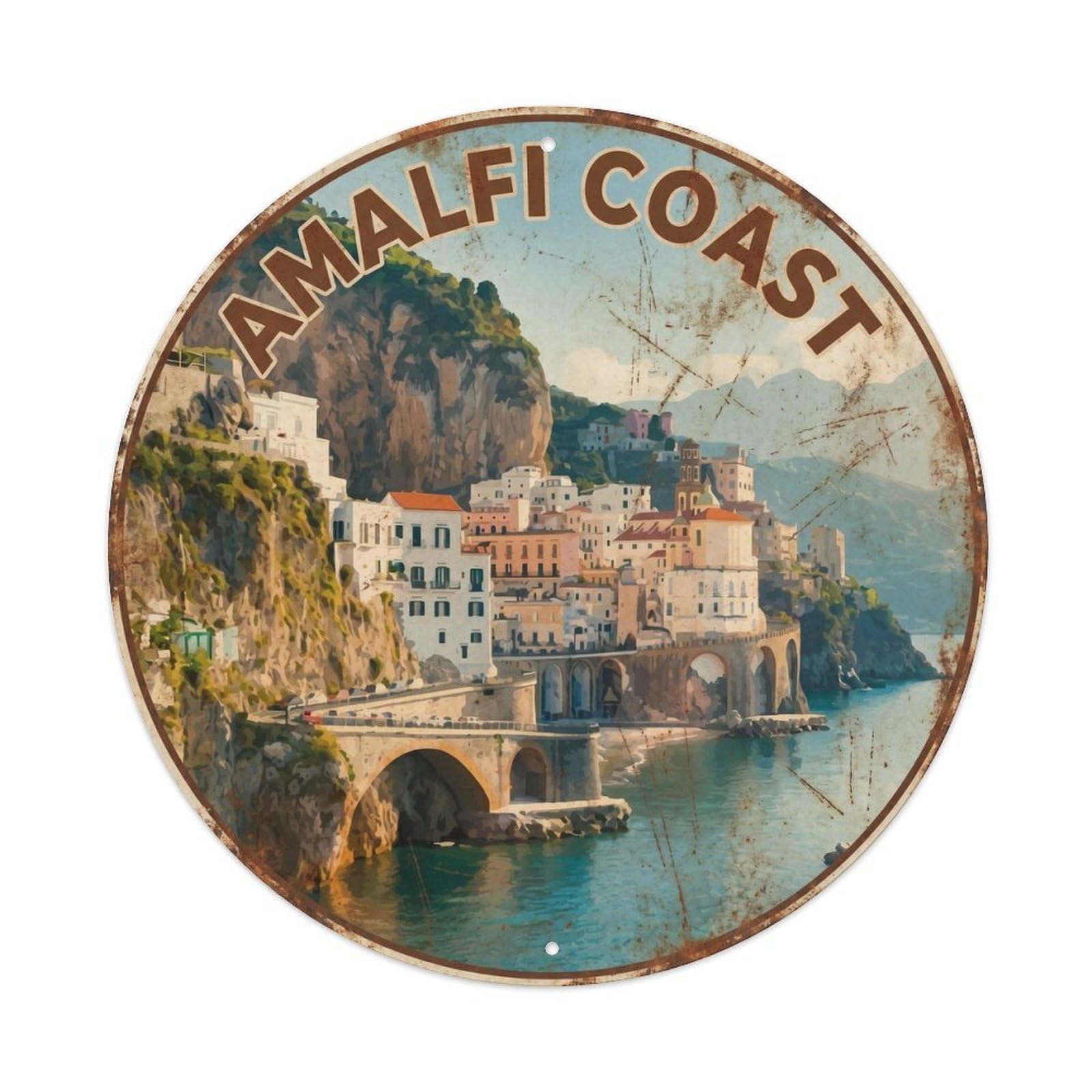 Classic Amalfi Mediterranean Cliff Panorama Travel Landscape Metal Tin Sign Plaque Wall Decor for Cafe, Man Cave, Club Bar, Office, Home Garden Round Metal Poster 8x8Inch