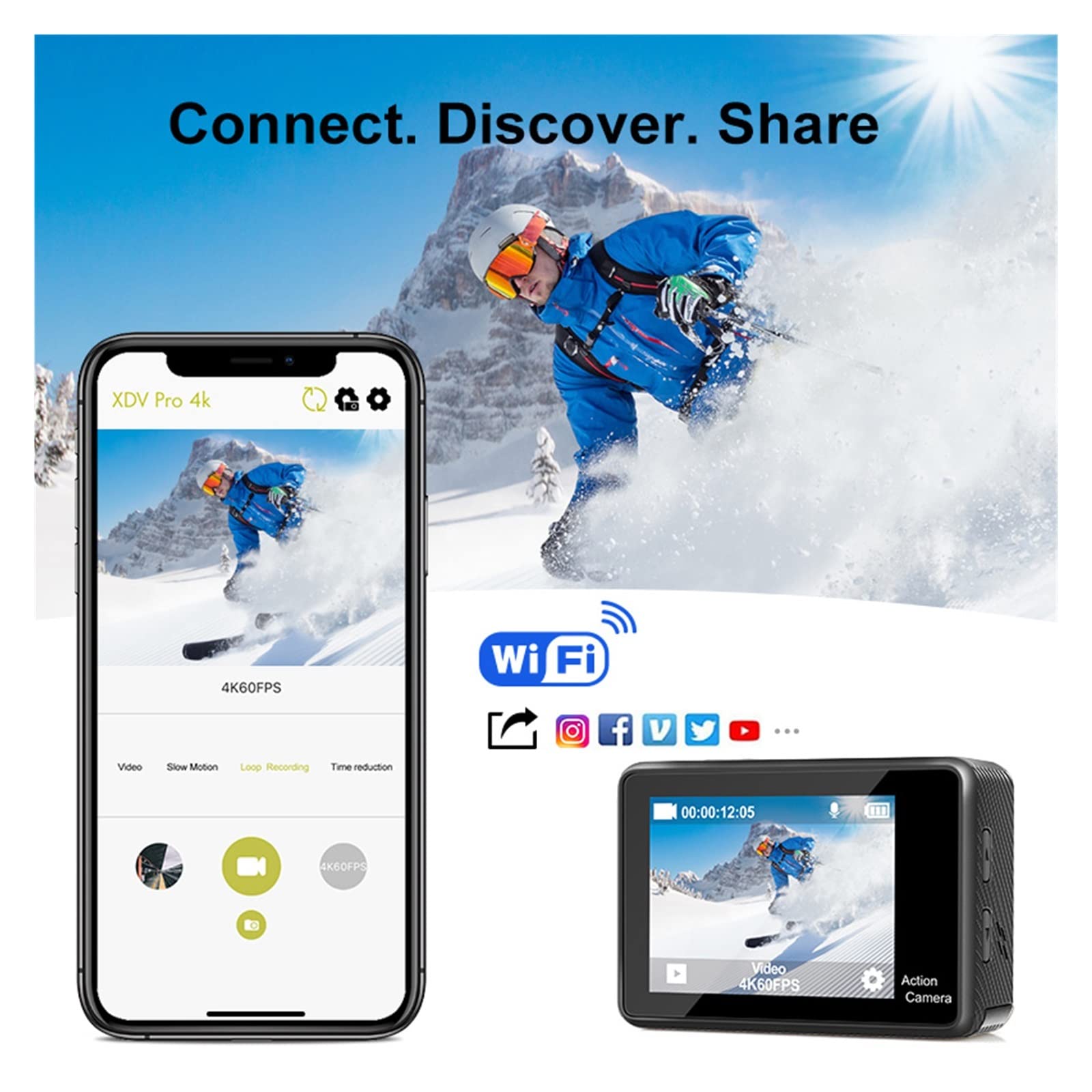 Action Cam, 60fps 4K Action Camera 16MP LCD da 2,0 Pollici EIS Zoom 4X Riprese Video 30m Impermeabile Go Sports Helmet PRO Cam,All'aperto, Sport, Video(with 128G SD Card)