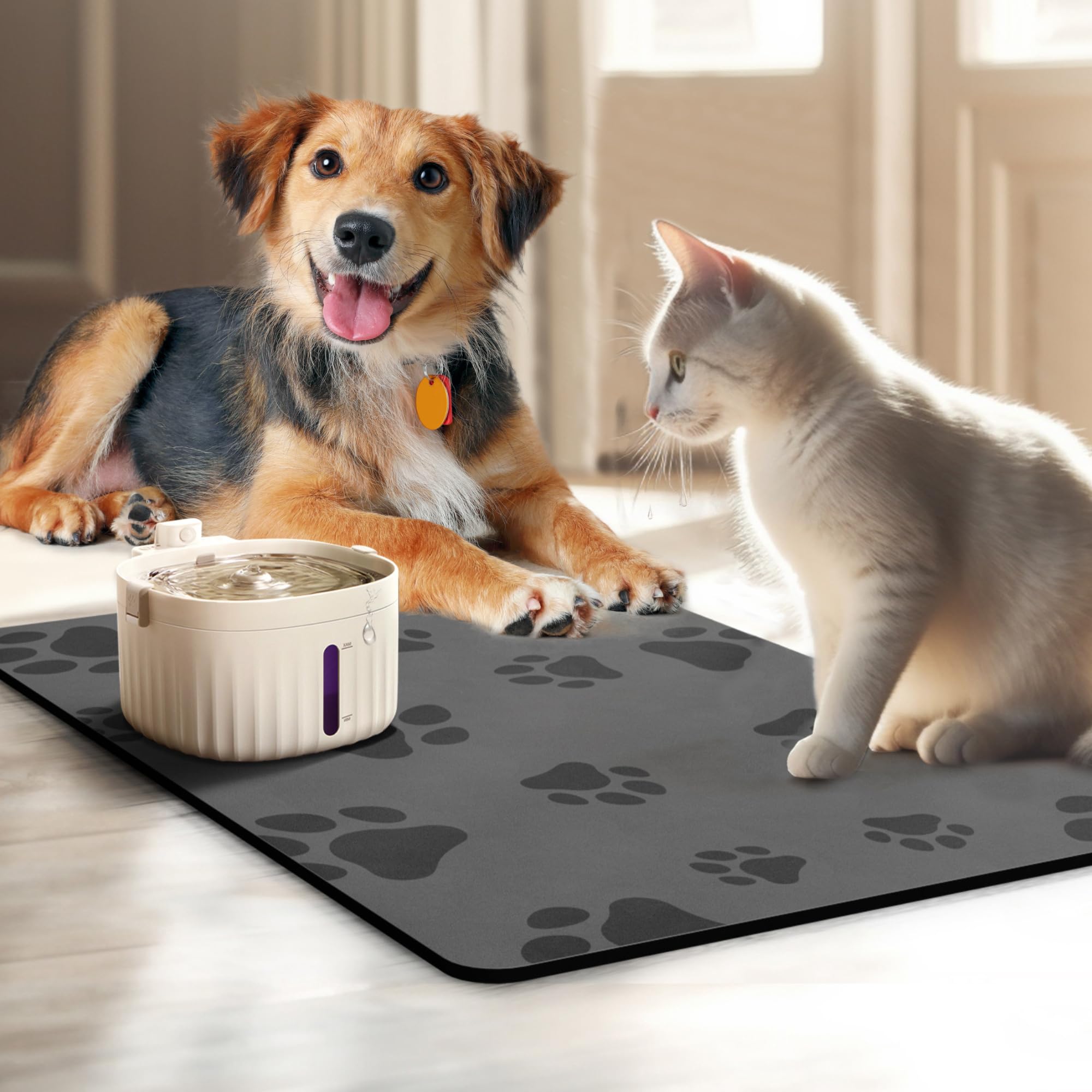 JanYoo Pet Food Mat, Dog Mat for Food and Water Bowl, Pet Bowl Mat, Pet Feeding Mat for Floor Non-Slip Waterproof Dog Cat Placemat Bowl Tray Cushion Pet Supplies Accessories (Grey,50×35cm)