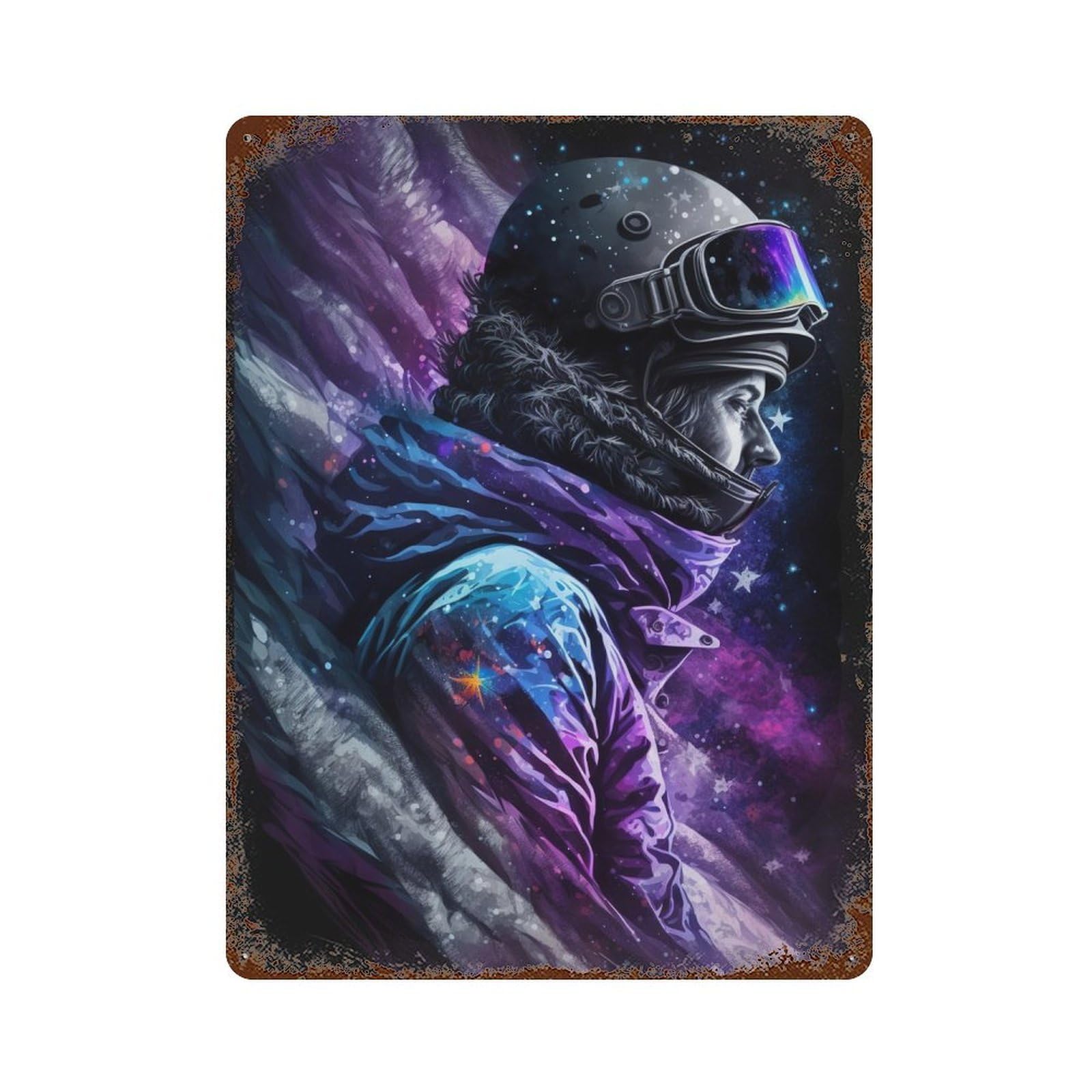 Galactic Snowboarder Art Print Retro Metal Sign 15.7"x11.8", Novelty Wall Decor for Farmhouse, Kitchen And Entryway Decor