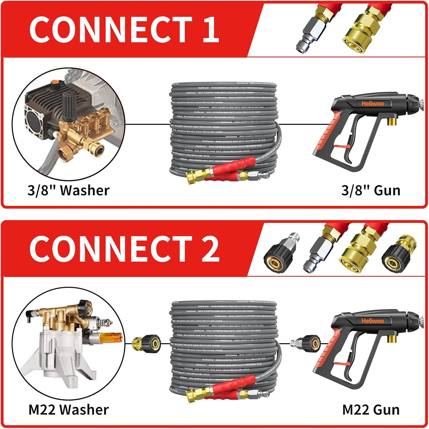 Pressure Washer Hose 50ft, 4200PSI Wire Braid Power Washer Extension Hose 1/4 Inch High Tensile, Flexible Kink Resistant Heavy Duty Replacement Hose with 3/8 Quick Connect