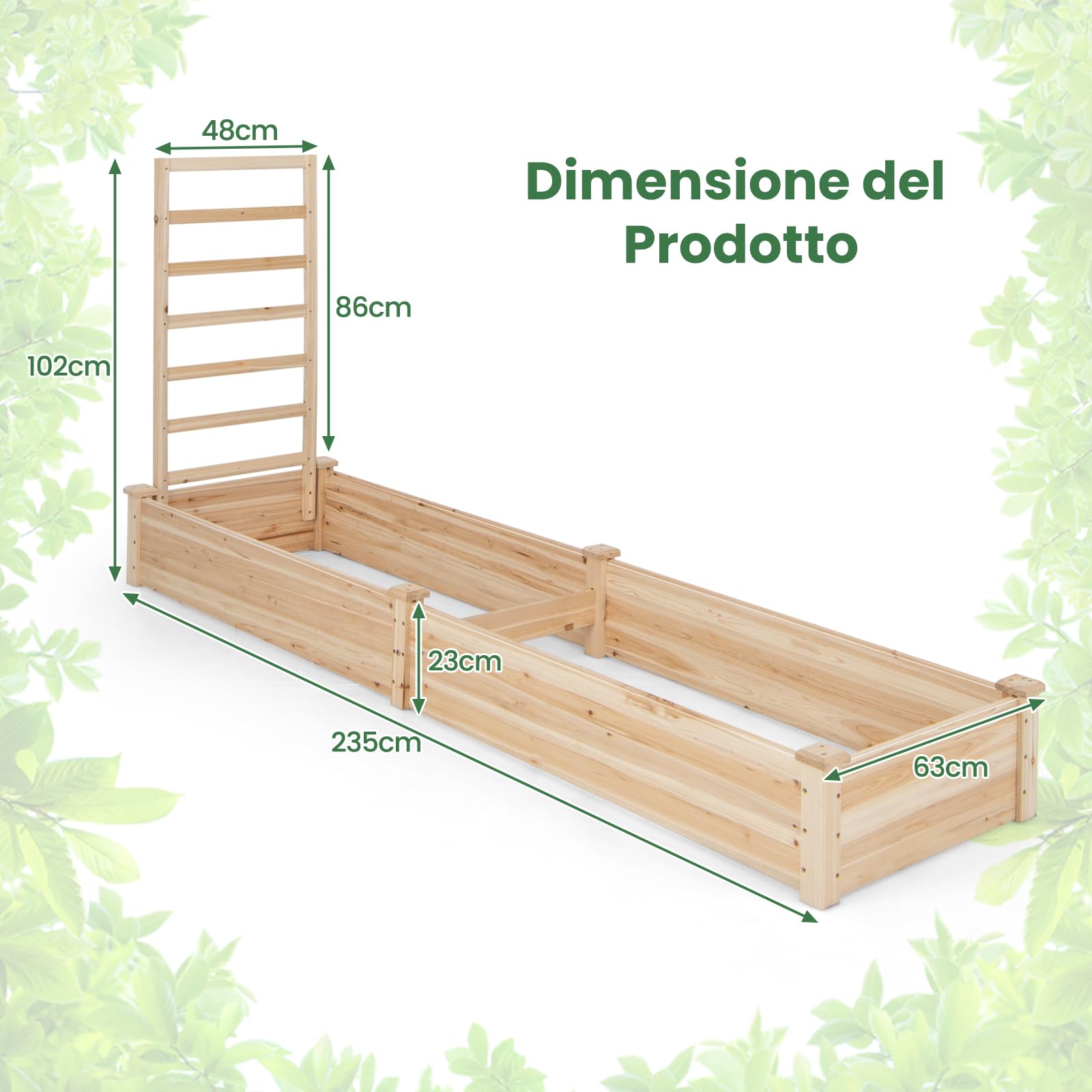RELAX4LIFE Fioriera da Esterno, Orto Rialzato con Spalliera e 2 Cassoni, Base Aperta, Fioriera in Legno di Abete per Fiori e Piante Rampicanti per Balcone/Giardino (235x63x102cm, Naturale)