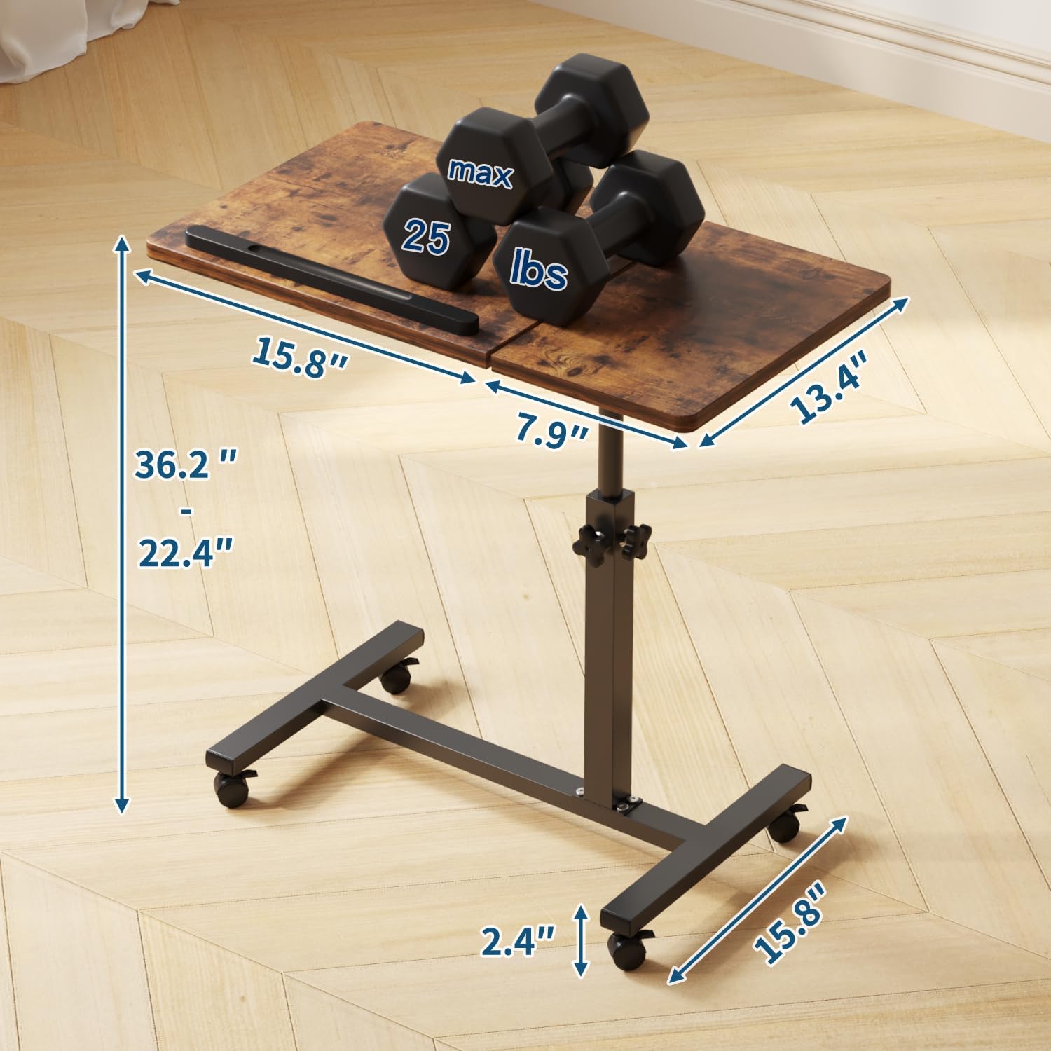 Overbed Tables,Bedside Table,Adjustable Height＆Protable Standing Rolling Desk,C-Shaped Home Office Desk for Livingroom and Bedroom,Brown