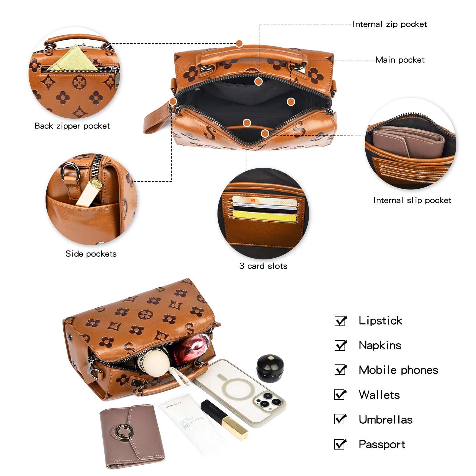 Travistar Bolsos y monederos cruzados para mujer – Bolso pequeño de cuero en relieve con asa superior para el hombro