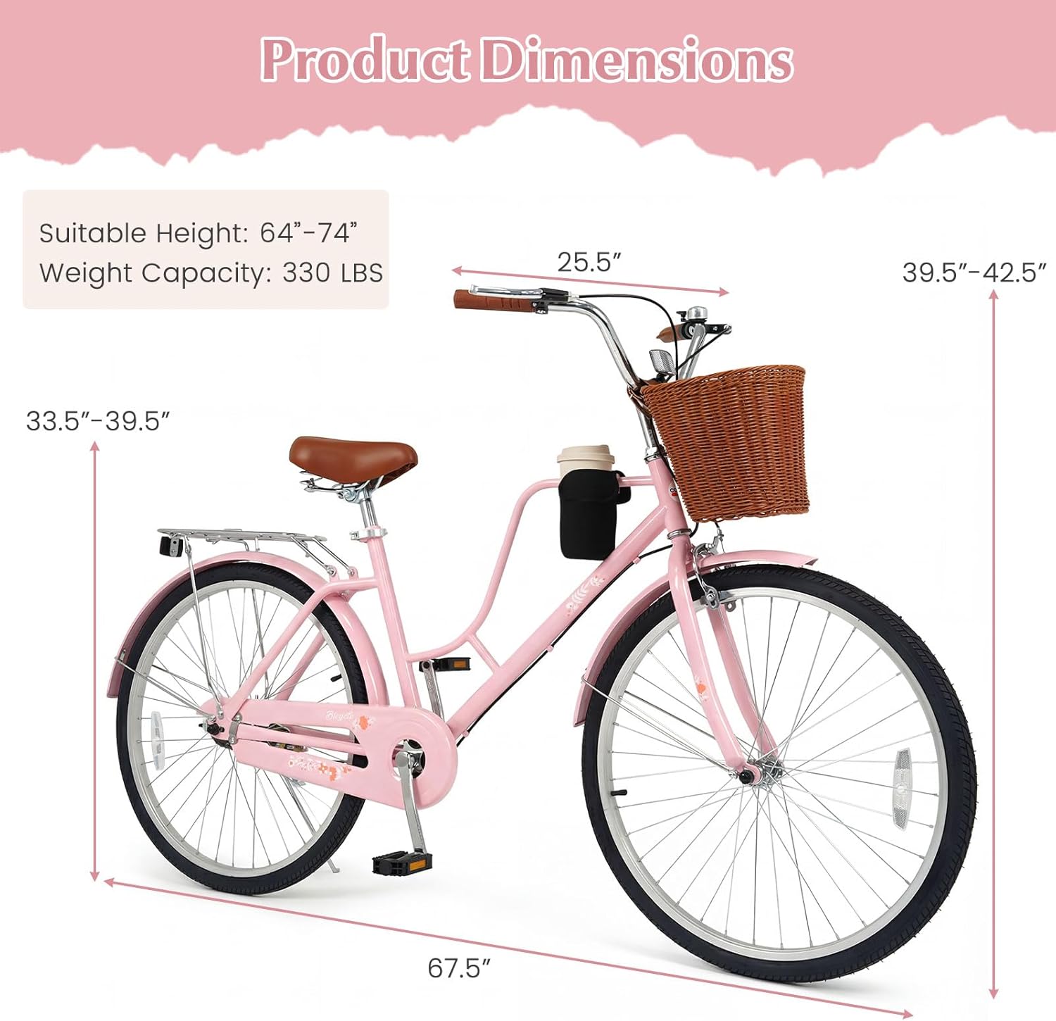 Goplus Beach Cruiser Bike for Women, 24/26-Inch Commuter Bike w/Adjustable Seat, Cup Holder, Basket, Rear Rack, Front Rear Reflectors, City Bicycle for Adults Ladies