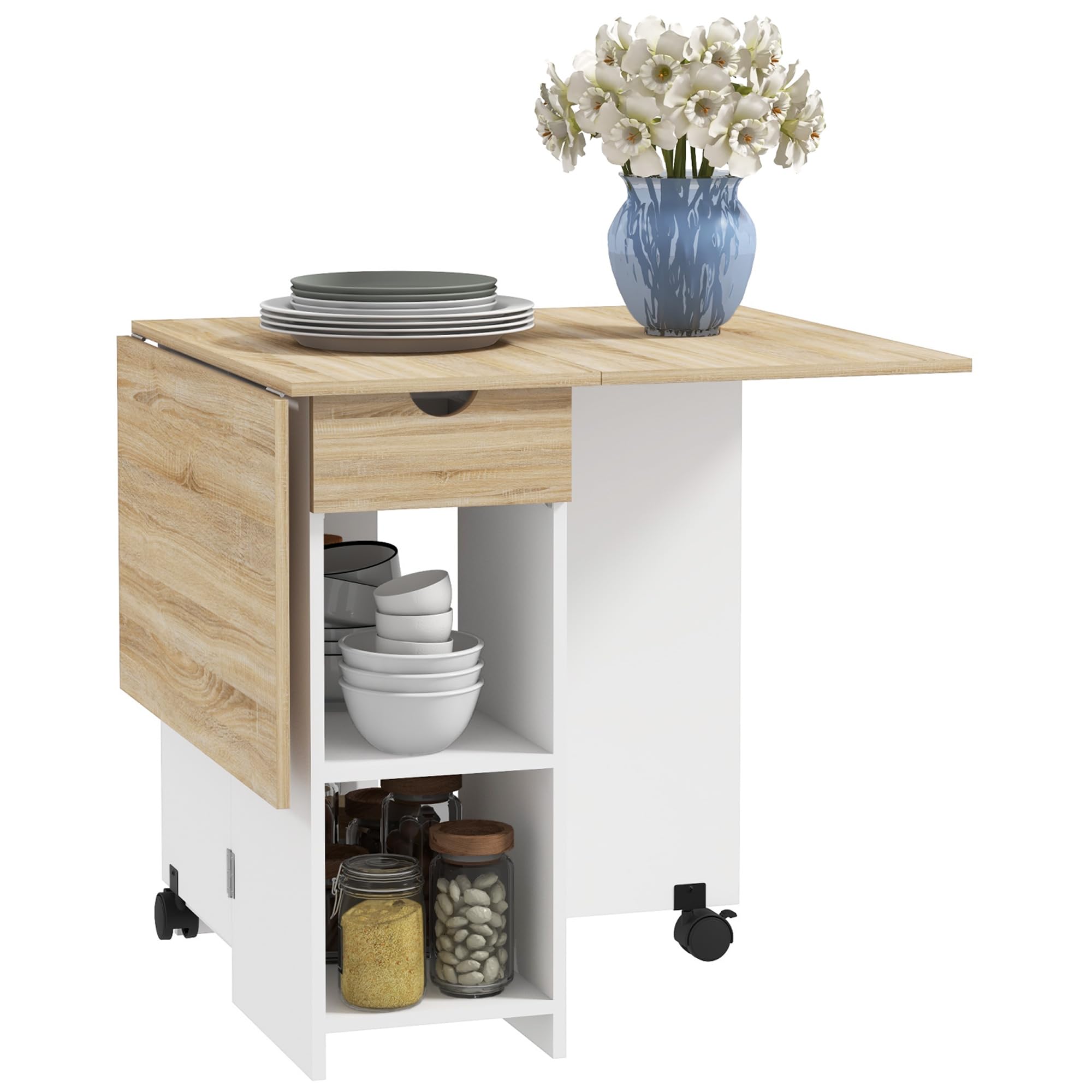 HOMCOM Table à Manger Pliante, Table de Cuisine Extensible, pour 2 à 4 Personnes, avec 2 abattants, pour Petits espaces, rectangulaire, Design Moderne, chêne