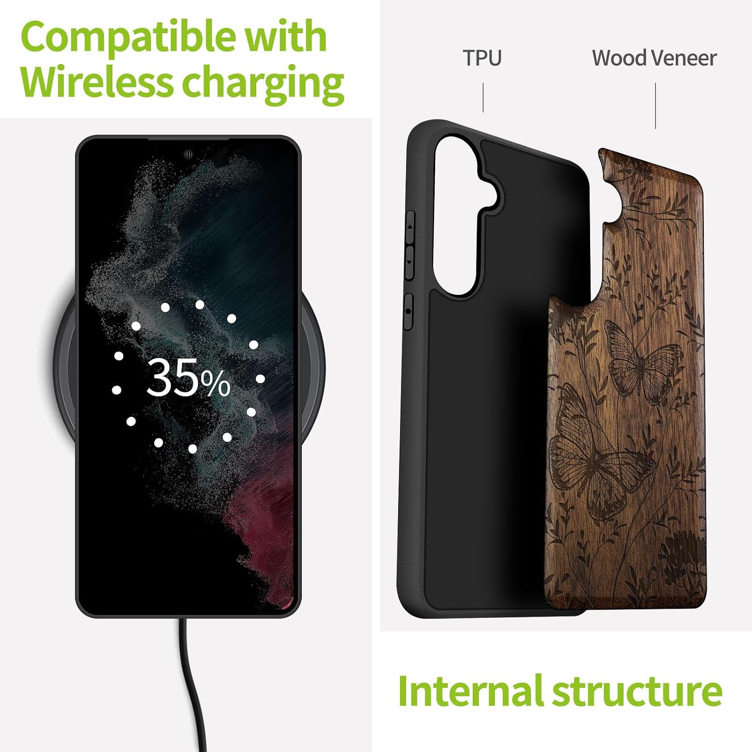 Carveit Wood Case for Galaxy S24 FE Case [Natural Wood & Black Soft TPU] Shockproof Protective Cover Unique Wooden Design Compatible with S24 FE (A Dance of Butterflies-Walnut)