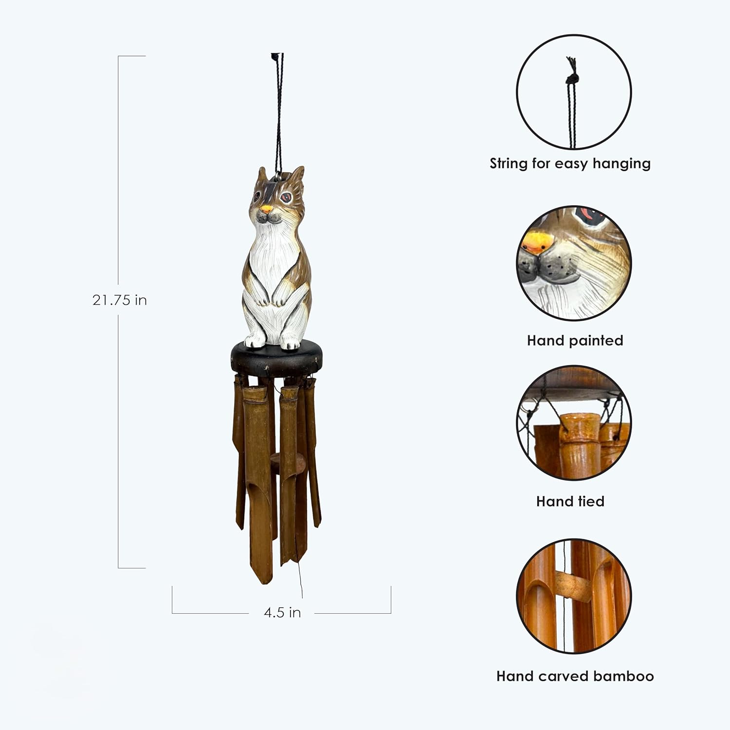 Songbird Essentials SE3361017 Squirrel Bamboo Wind Chime Handmade Natural Outdoor Chimes for Garden, Patio, or Porch – Soothing Wooden Tones, Eco-Friendly Zen Decor