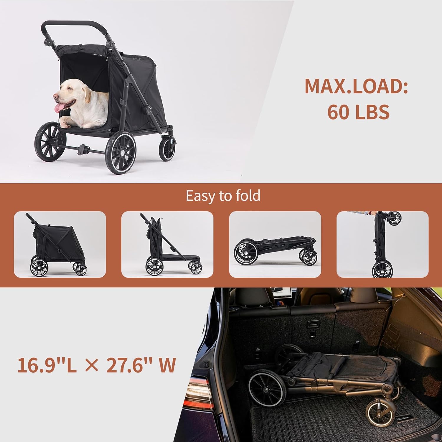 Dog Stroller for Large Dogs, 100 Lbs Capacity Heavy Duty Extra Large Pet Stroller for Medium Dogs, All Terrain Dog Wagon Cart with 12" PU Wheels, Shock Absorption, Adjustable Handle, Black