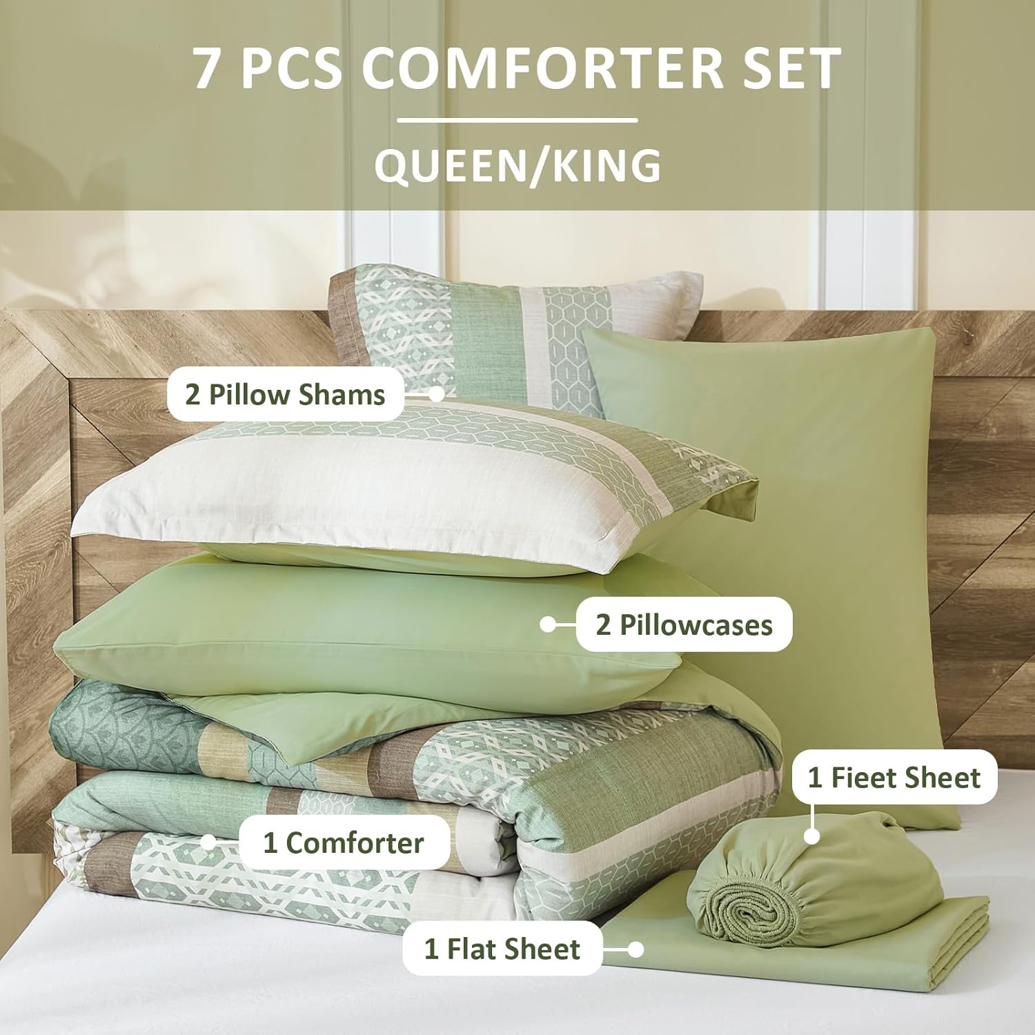DJY Boho Comforter Set Queen Size,Sage Green Striped Bedding Sets,7 Pieces Bed in a Bag Patchwork Soft Microfiber Bedding Set for All Season(90"×90") - Image 7