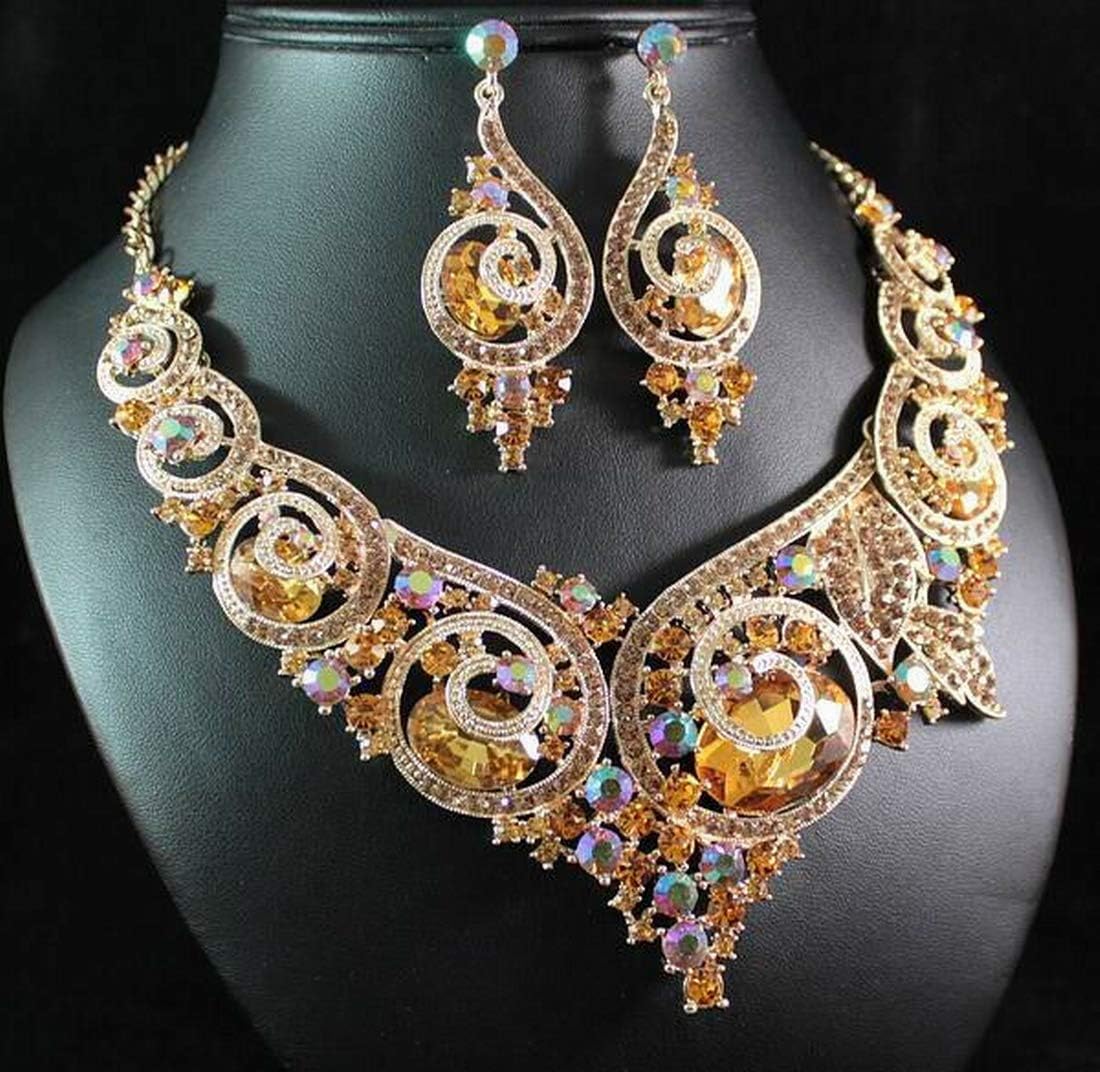 Ornate Austrian Rhinestone Bib Statement Necklace Earring Set Bridal N1669g Gold