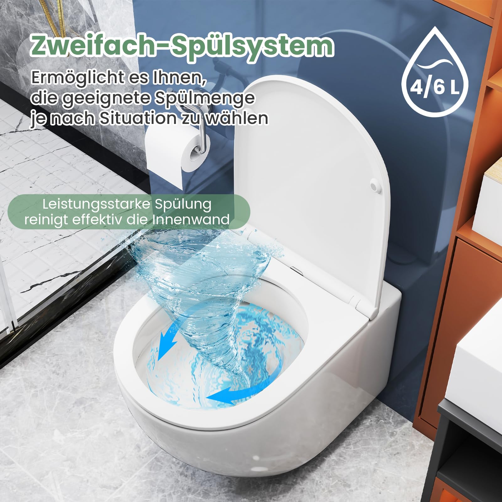 COSTWAY Naścienna muszla klozetowa bez obramowania, ceramiczna wisząca muszla klozetowa z deską sedesową, system podwójnego spłukiwania 4 l/6 l, wolnoopadająca i formaldehydowa Urea, kompletny zestaw