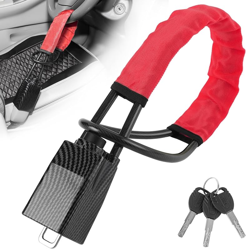 Trava Antifurto para Volante e Cinto de Segurança HMYMYHM com Cabo de Aço, 3 Chaves e Ajuste de Comprimento – Vermelho