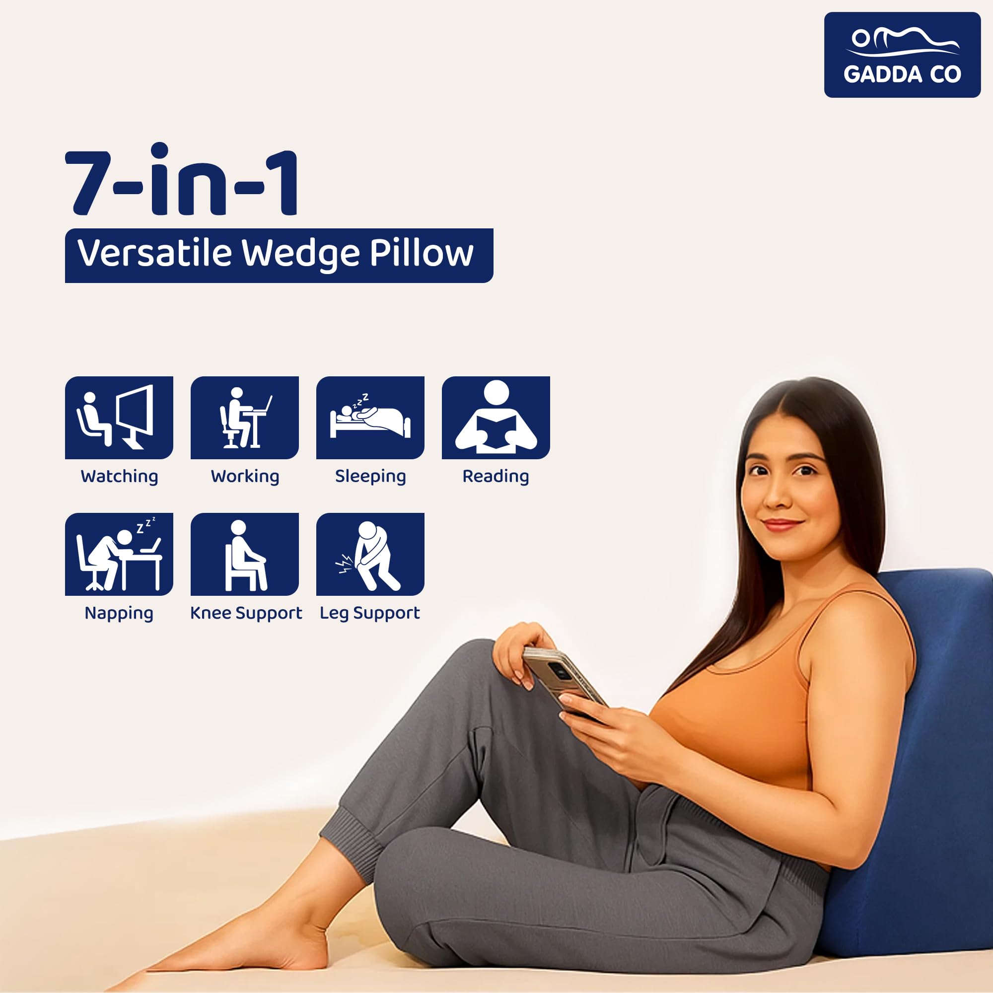 GADDA CO Wedge Pillows for Bed | Premium Memory Foam Orthopedic Wedge Cushion for Sleeping, Acid Reflux & GERD Relief | Back Pain, Snoring & Sleep Apnea Support | Leg Elevation | Navy Blue 2
