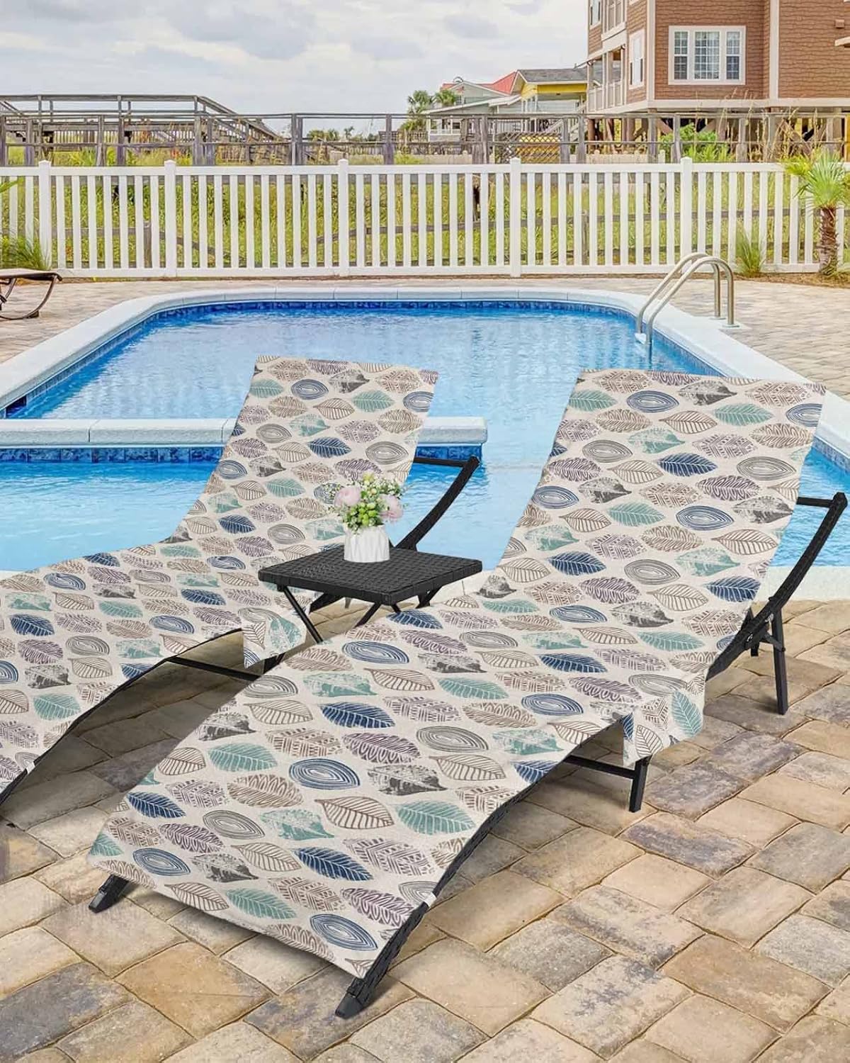 Leaves Beach Pool Patio Lounge Chaise Chair Cover Towel With Pockets,Absorbent & Quick Dry Microfiber Towel Cover Bag Summer Accessories for Sunbathing Vintage Geometric Blue Khaki Teal Purple Leaf