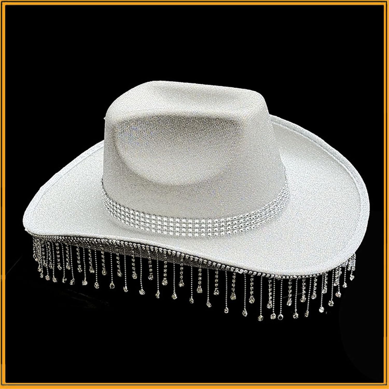 Shimmering Rhinestones Fringed Hat for Women Men Music Festival Fedoras Hat with Large Brims Glittering Powder for Party White