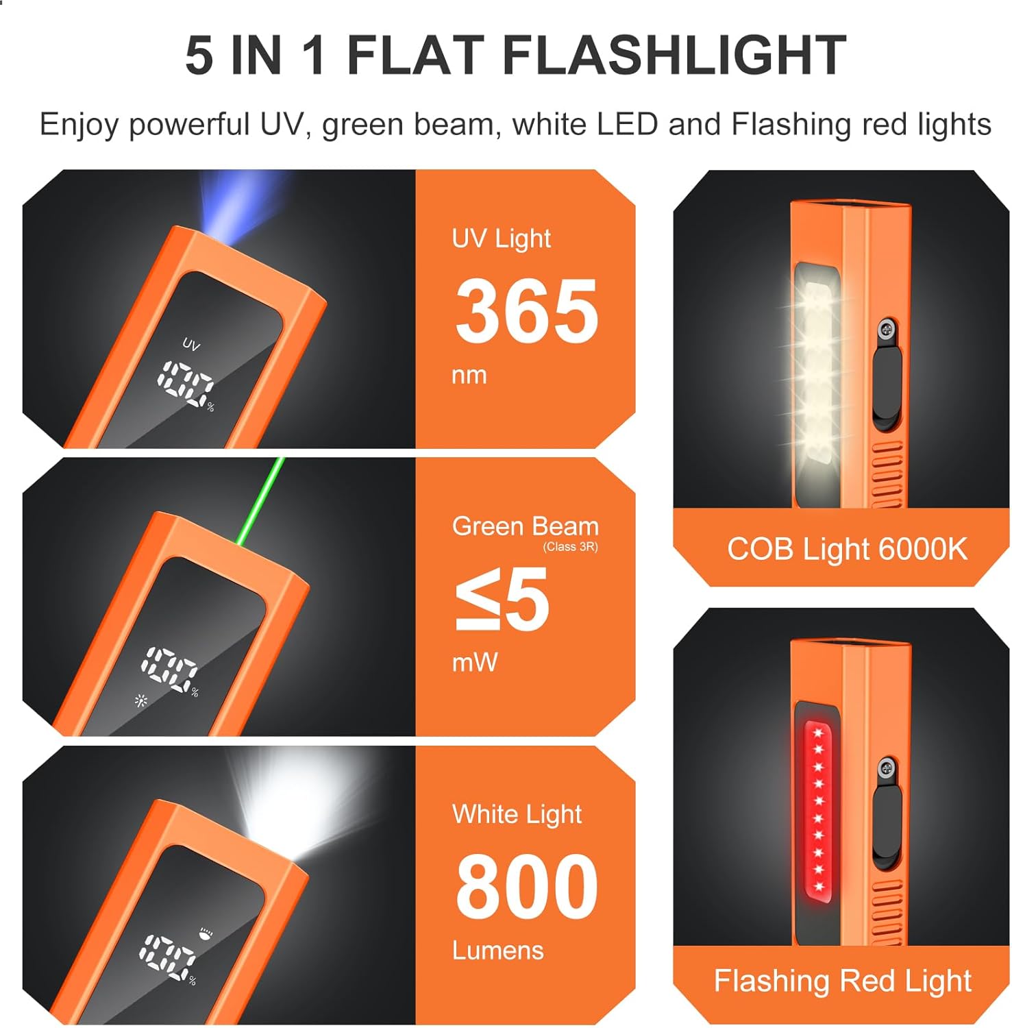5-in-1 Rechargeable EDC Flat Flashlight, High Lumens Pocket Torch with White LED, UV, Magnetic Base & Clip, Compact Flat Flashlight for Camping, Emergency, Work with Bag(Orange)