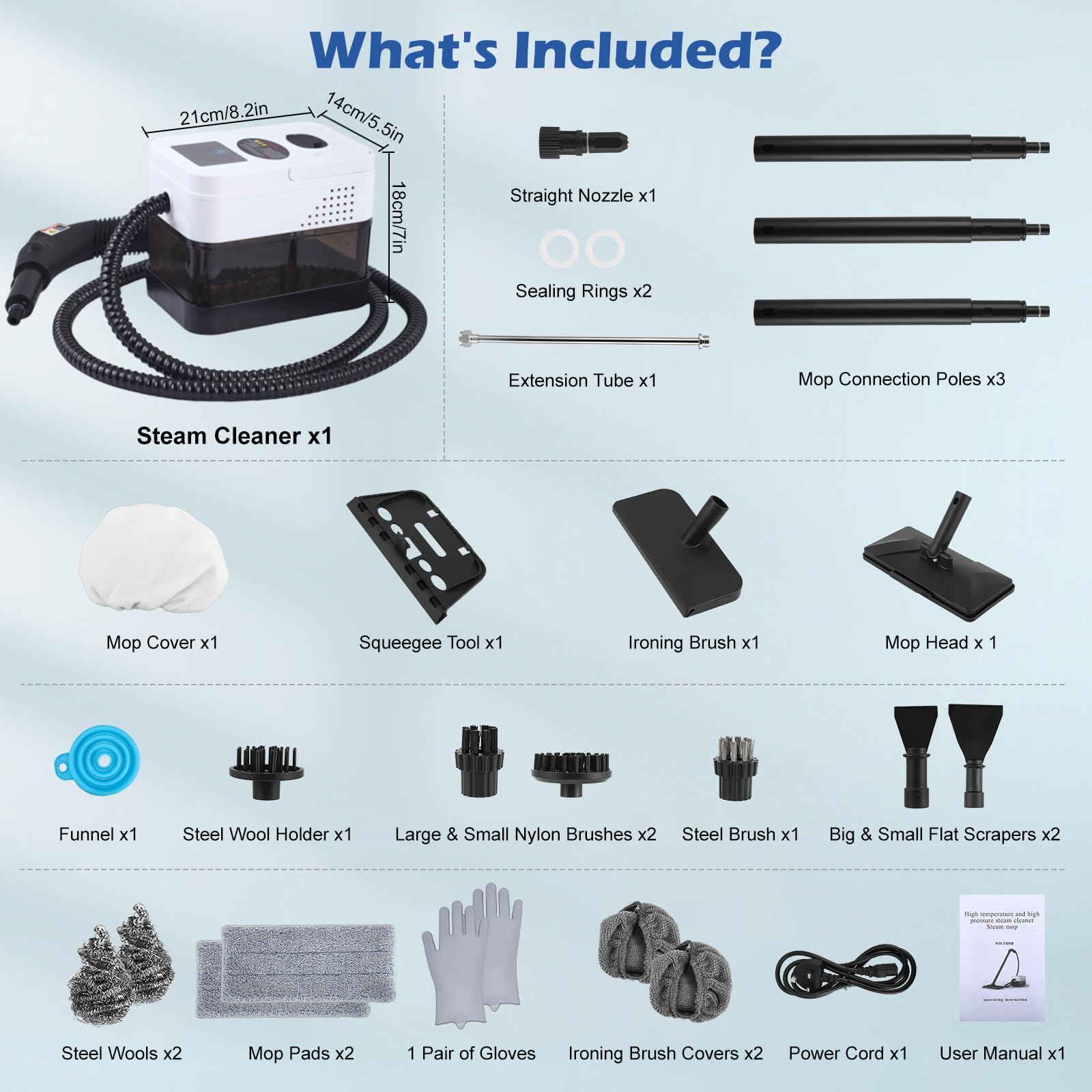 Limpiador a Vapor 2500 W, 1.8 L, Multisuperficie, Sin Químicos, Kit Completo