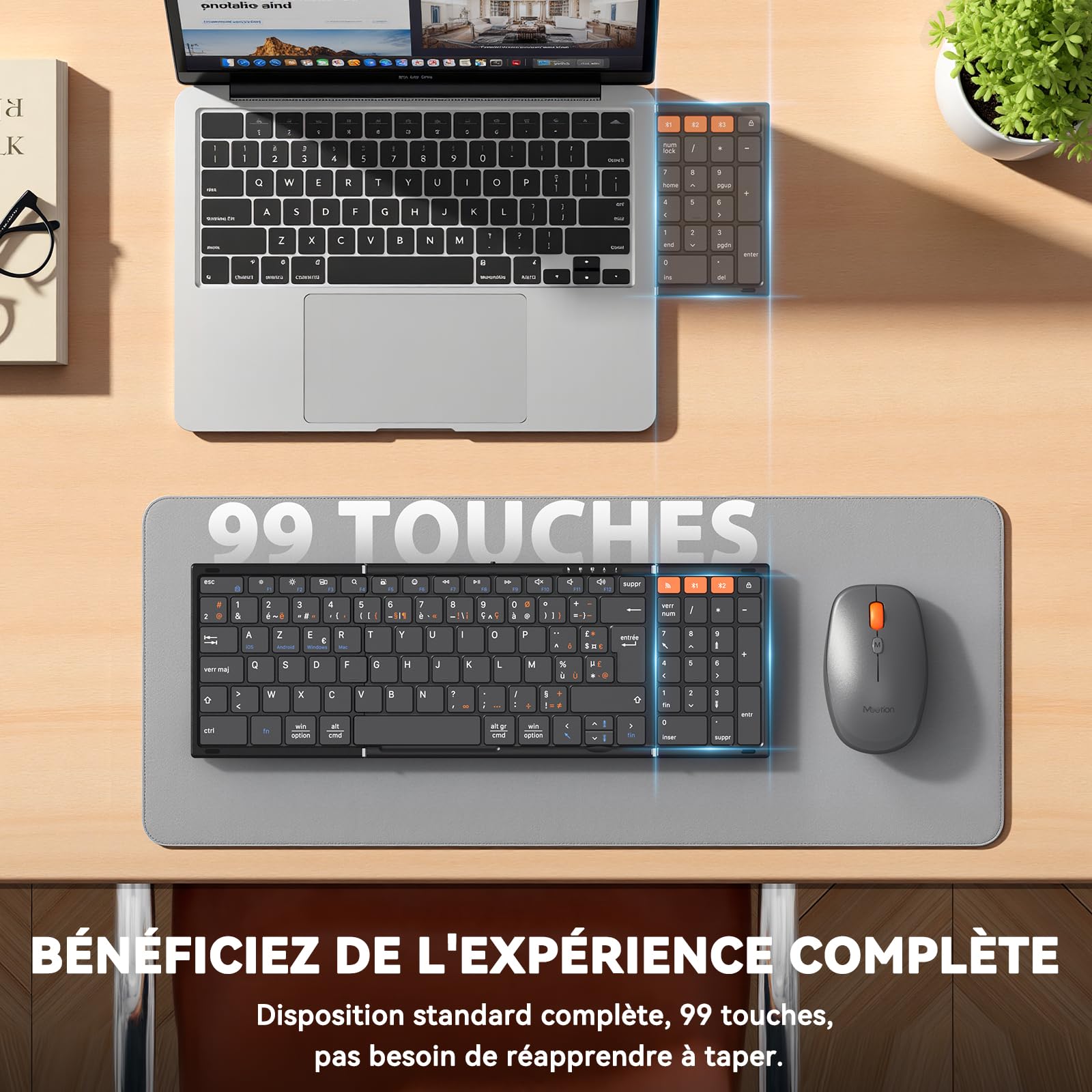 MEETION Clavier et Souris Pliables, sans Fil, Bluetooth | Ensemble rechargeable pleine taille, idéal pour les voyages d'affaires, compatible Windows, Mac, iOS et Android