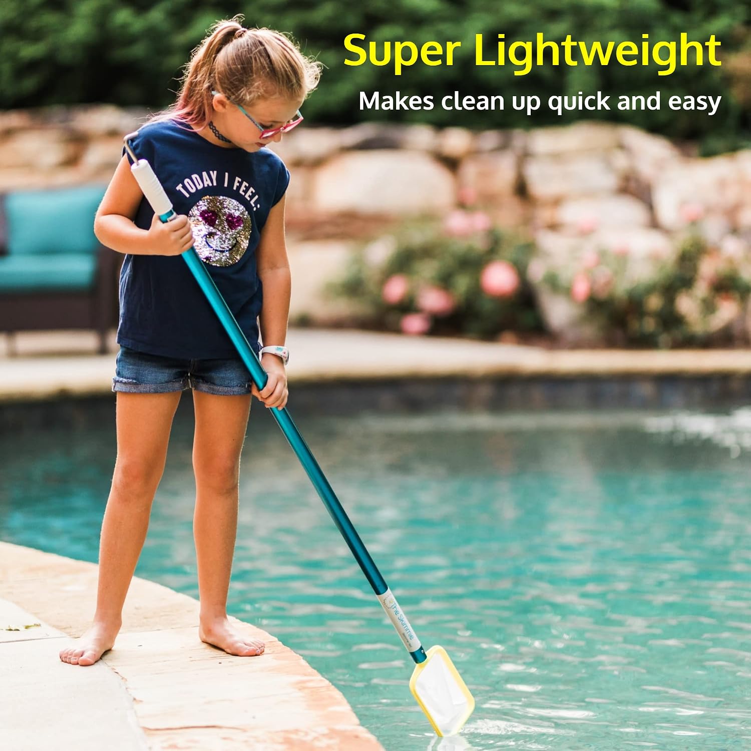 The Skimmie 4'7" Pool Skimmer Net with Pole, Hook & Fine Mesh. Collect Fine Debris and Dirt, Hands-Free Removal with 2 Handles & Screws Included - Essential Pool Cleaning Equipment