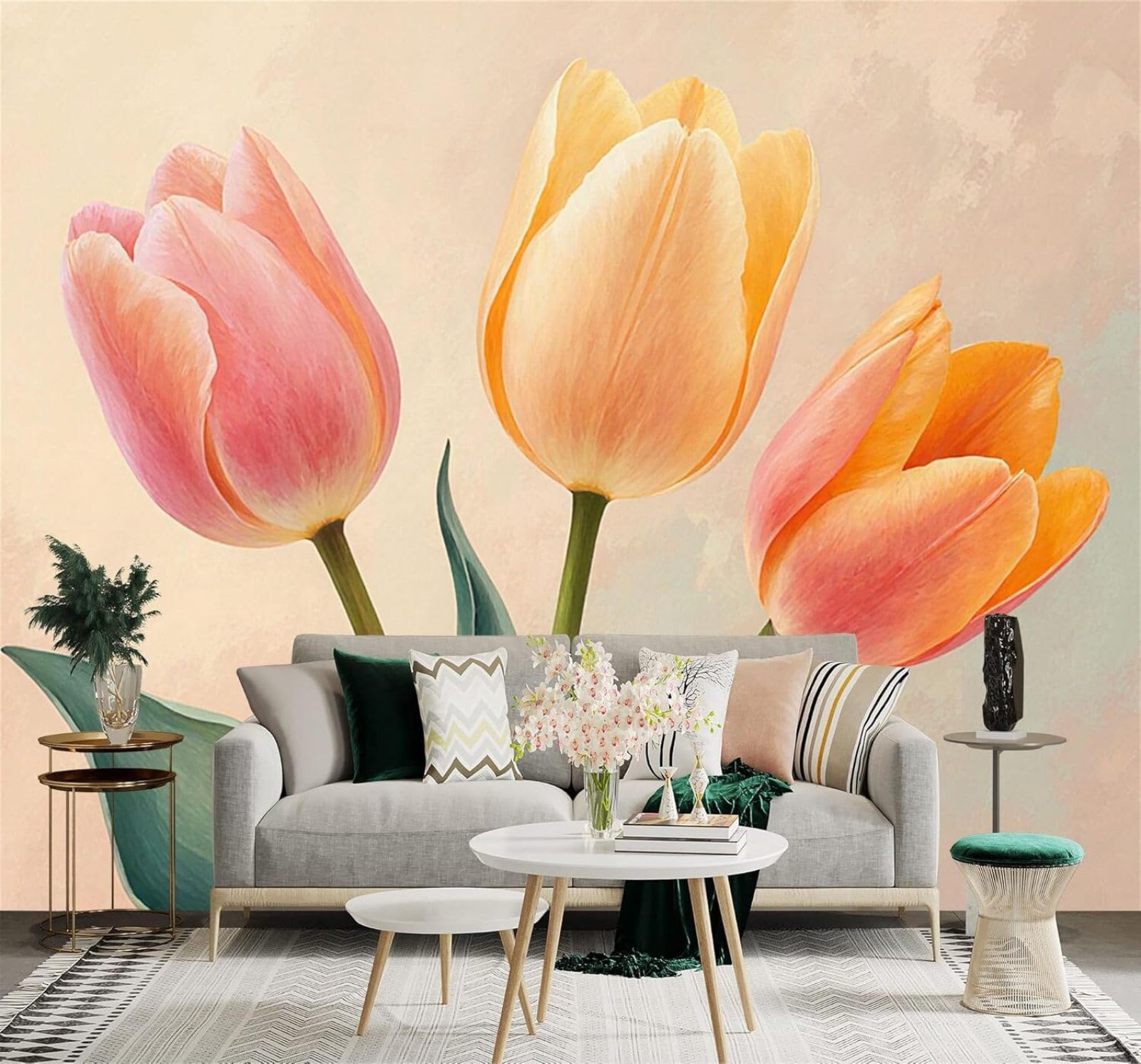 XLMING Beautiful Pink and Orange Tulips Green Leaves Art 3D Wallpaper Premium Textured Silk Study Dining Living Room Bedroom Sofa TV Wall Easy Install-430cm×300cm