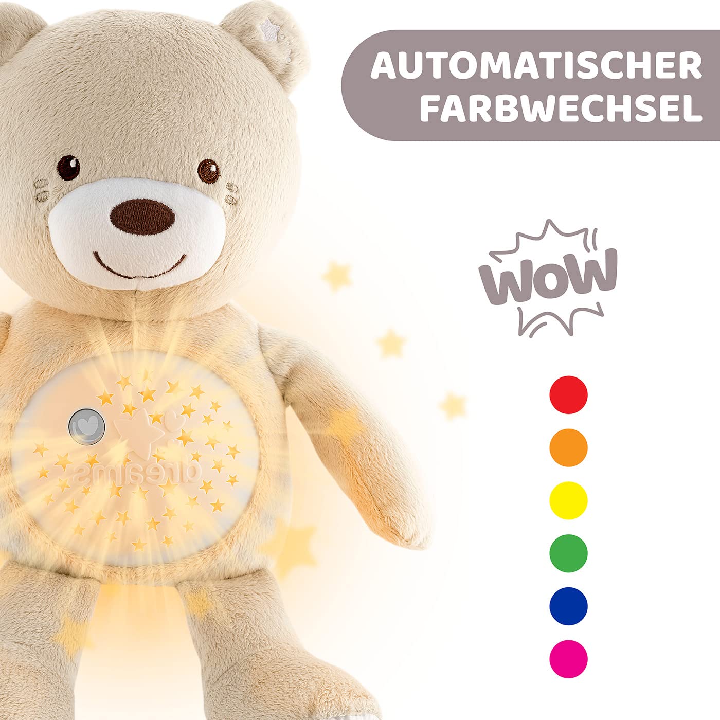 Chicco First Dreams Baby Bär Plüsch-Teddybär, weicher Projektor mit Nachtlicht, Lichteffekten und entspannenden Melodien, Beige - Kinderspielzeug 0+ Monate