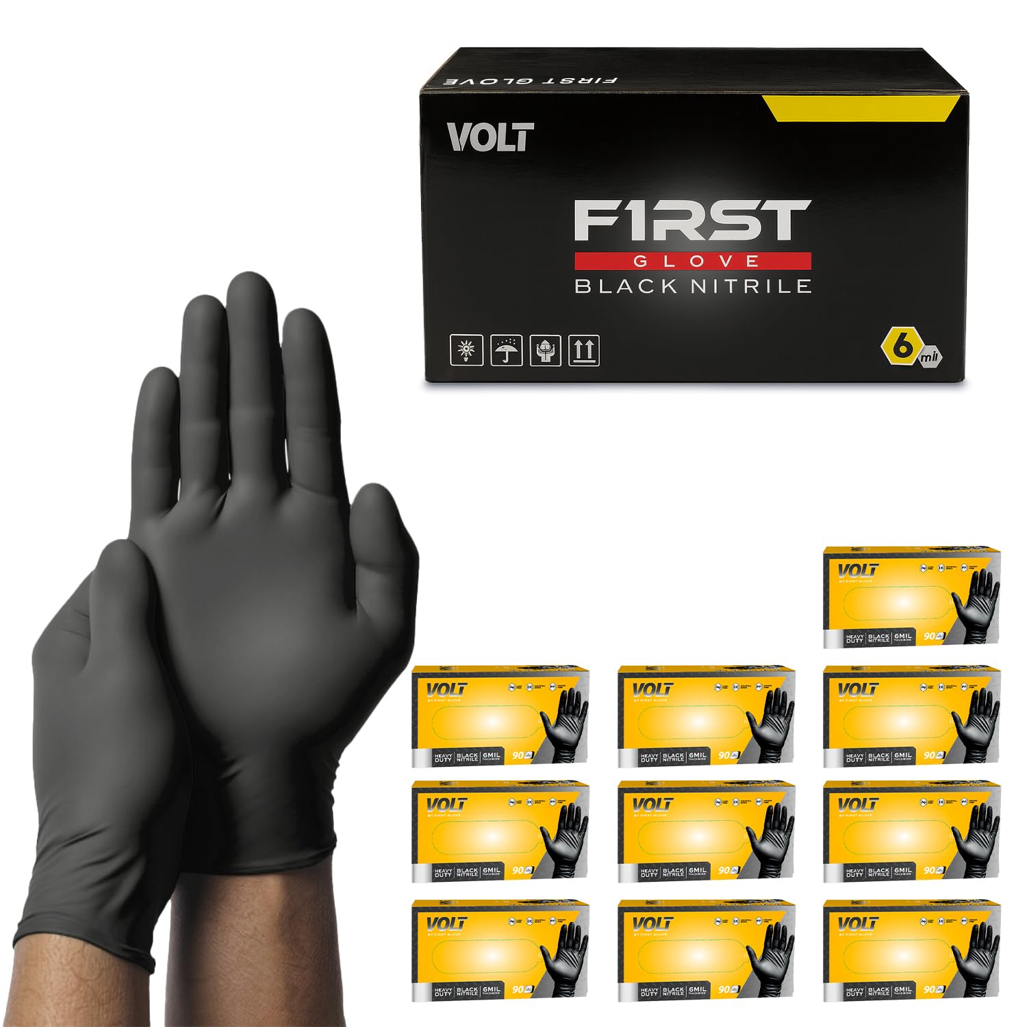 First Glove Volt 6 Mil Black Nitrile Disposable Gloves - 1000 Ct. X-Large - Food Safe Heavy Duty Gloves for Cooking, Cleaning, Industrial & Food Service - Latex Free, Powder Free, Micro-Textured Grip