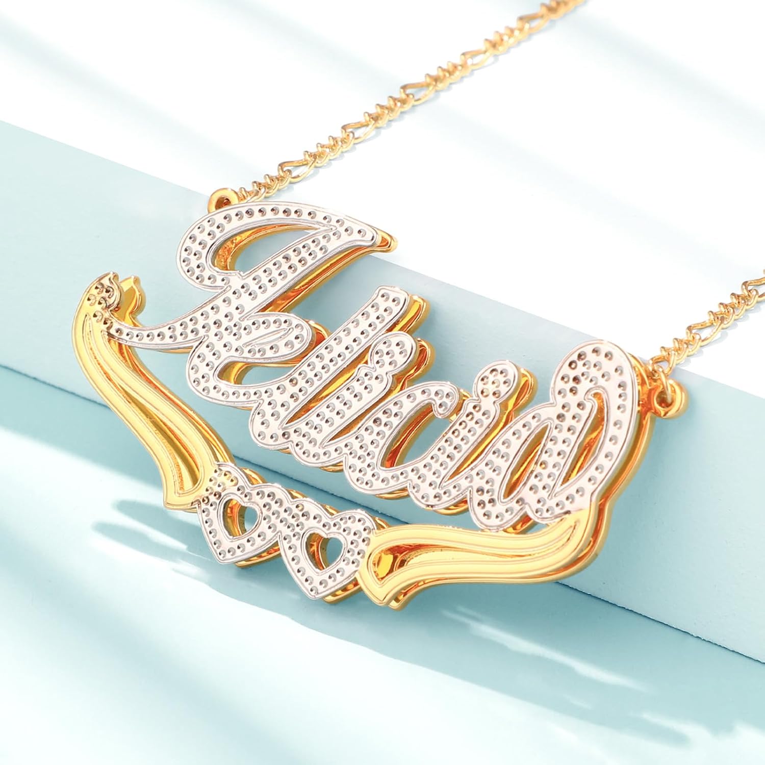 Drawelry Two Tone Customized Name Necklace Personalized 18K Gold Plate Double Plated Heart Made Letter Nameplate Pendant Necklace Valentine's Jewelry Gifts for Women Men
