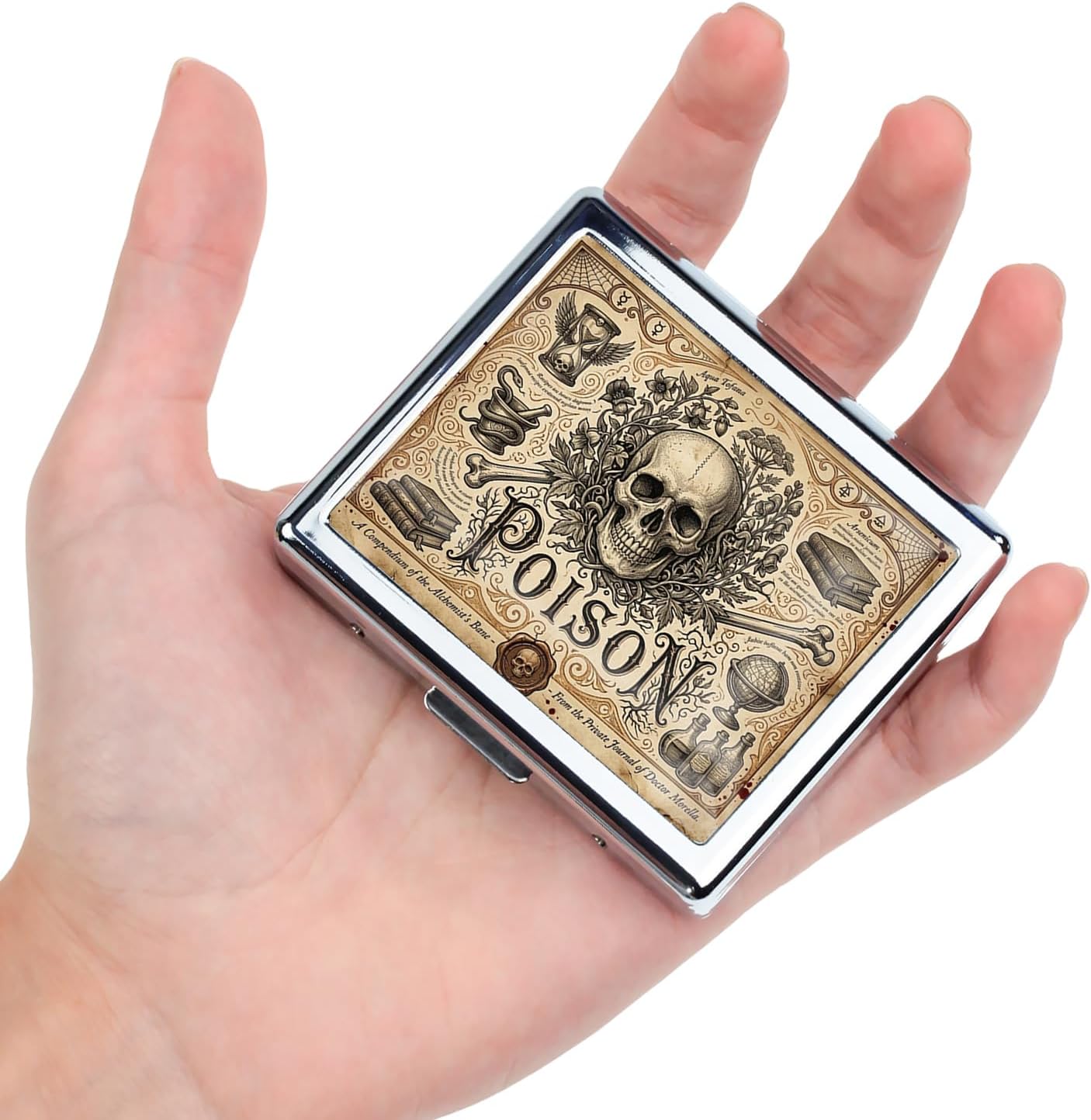 Silver Vintage Pill Box 7 Day Metal Pill Box with Mirror and 8 Compartments Cute Travel Pill Organizer for Purse (Retro Skull)