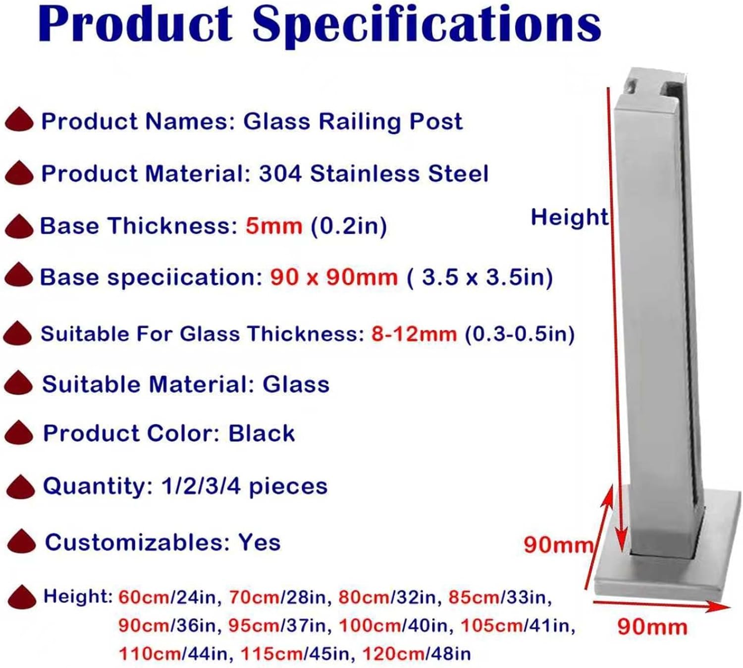 Stainless Steel Glass Railing Post for Balconies, Vitreous Balustrade Column with Slots & Base, 60cm Height Patio Railings for Durable Outdoor Safety