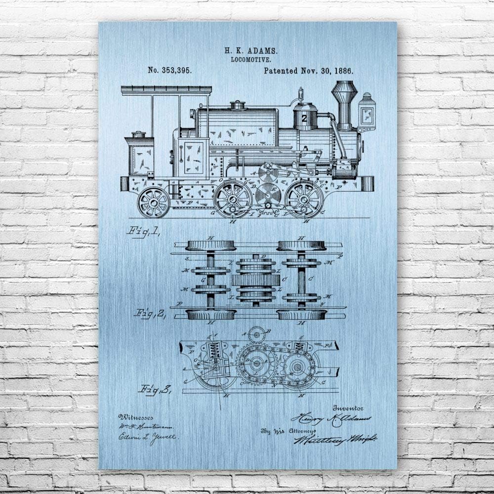 Locomotive Poster Print, Train Station Art, Steampunk Decor, Railroad Engineer, Conductor Gift, Train Blueprint Blue Steel (24 inch x 36 inch)