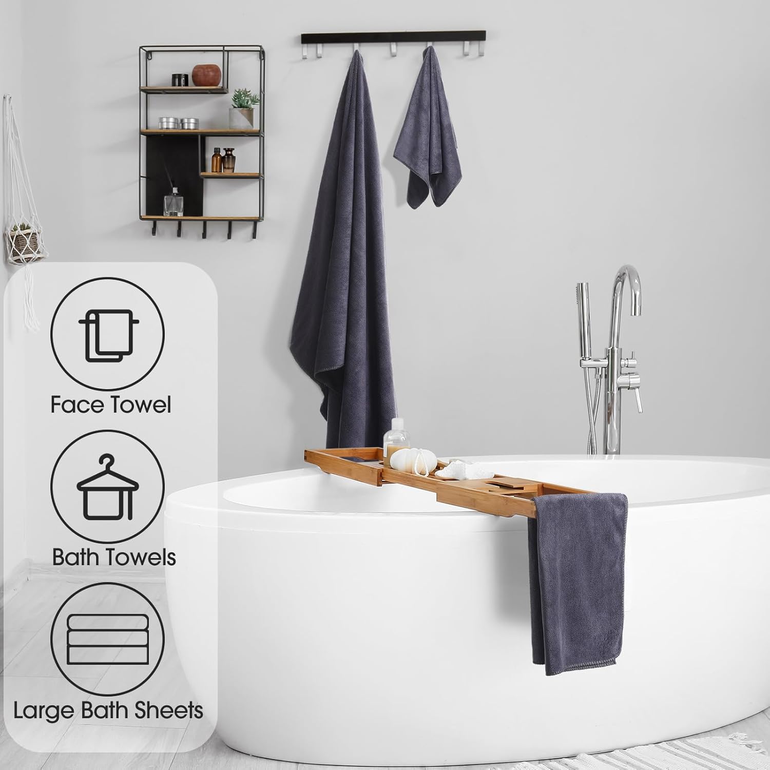 Mixweer 24 Piece Dark Grey Microfiber Absorbent Towel Set: 2 Oversized Bath Sheets, 4 Bath Towels, 6 Hand, 8 Washcloths, 4 Fingertip for Bathroom Spa Gym Camping Beach